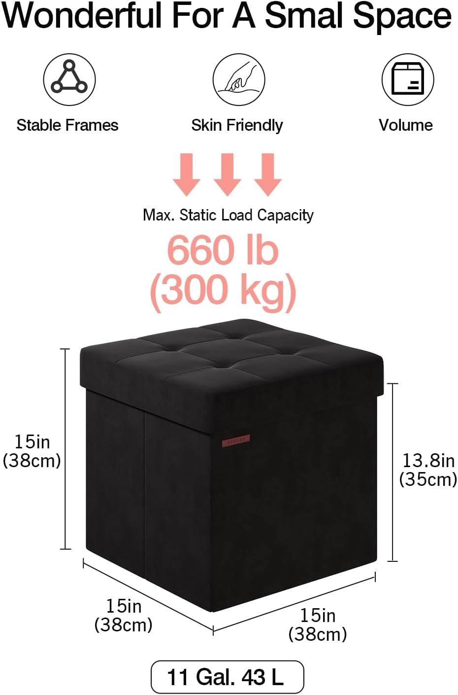 Folding Storage Ottoman, Velvet Storage Bench, Footrest, Footstool, for Living Room, Bedroom and Office,15 x 15 x 15 Inches, 300 kg Load Capacity, Ink Black,UASND04B