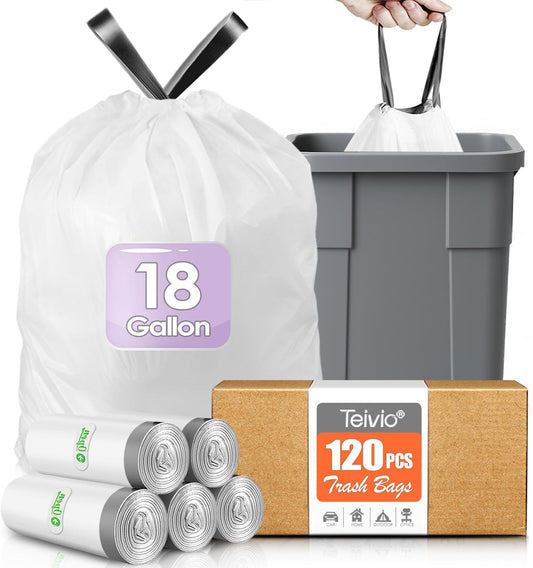 Drawstring Trash Bags-18 Gallon 120 Counts (fit 16-18 Gal) Large Strong Tall Kitchen Trash Bags by Teivio Garbage Bags for Home/Office/Light Residential Waste/Outdoor Trash Can, Lawn Bag White