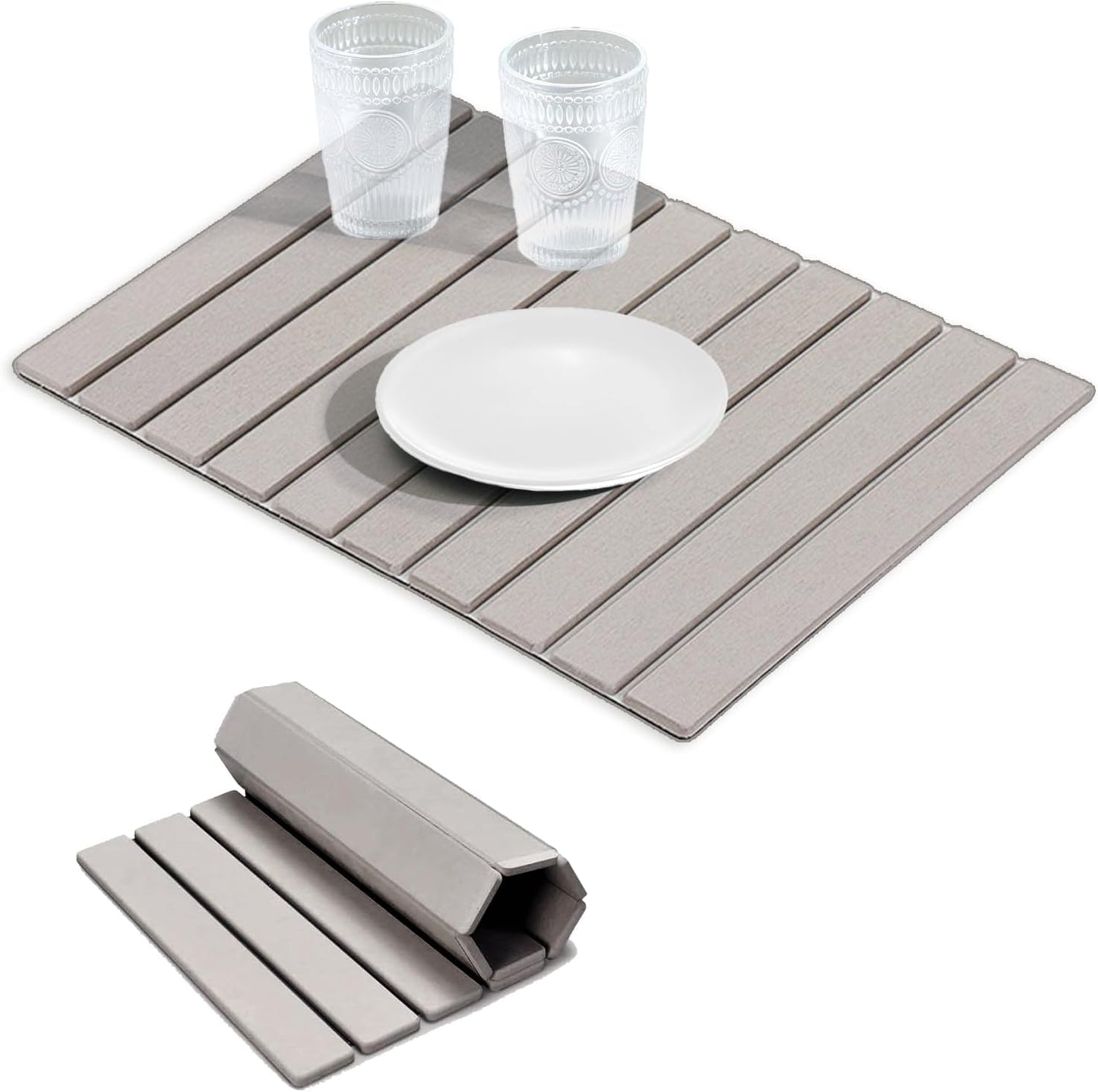 Foldable Stone Dish Drying Mat Fast Dry and Quickly Absorbed Collapsible Drying Mat, Protection Kitchen Counter，Kitchen Dishes Bottles Cups Match Any Countertop 23" x 16"