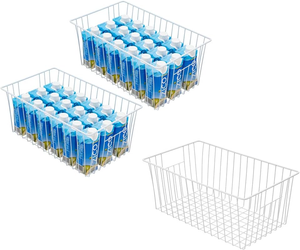 Wire Storage Baskets, Upright Freezer Organizer Bins - 3 Pack Freezer Baskets, Pantry Baskets For Kitchen Cabinets, Pantry, Closets, Bathroom, Office, White
