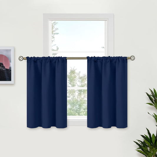 BGment Small Blackout Curtains 36 Inch Length for Window Over Sink - Half Drapes with Rod Pocket Privacy for Cafe Kitchen Window, Navy Blue, 2 Panels, 29 x 36 Inch