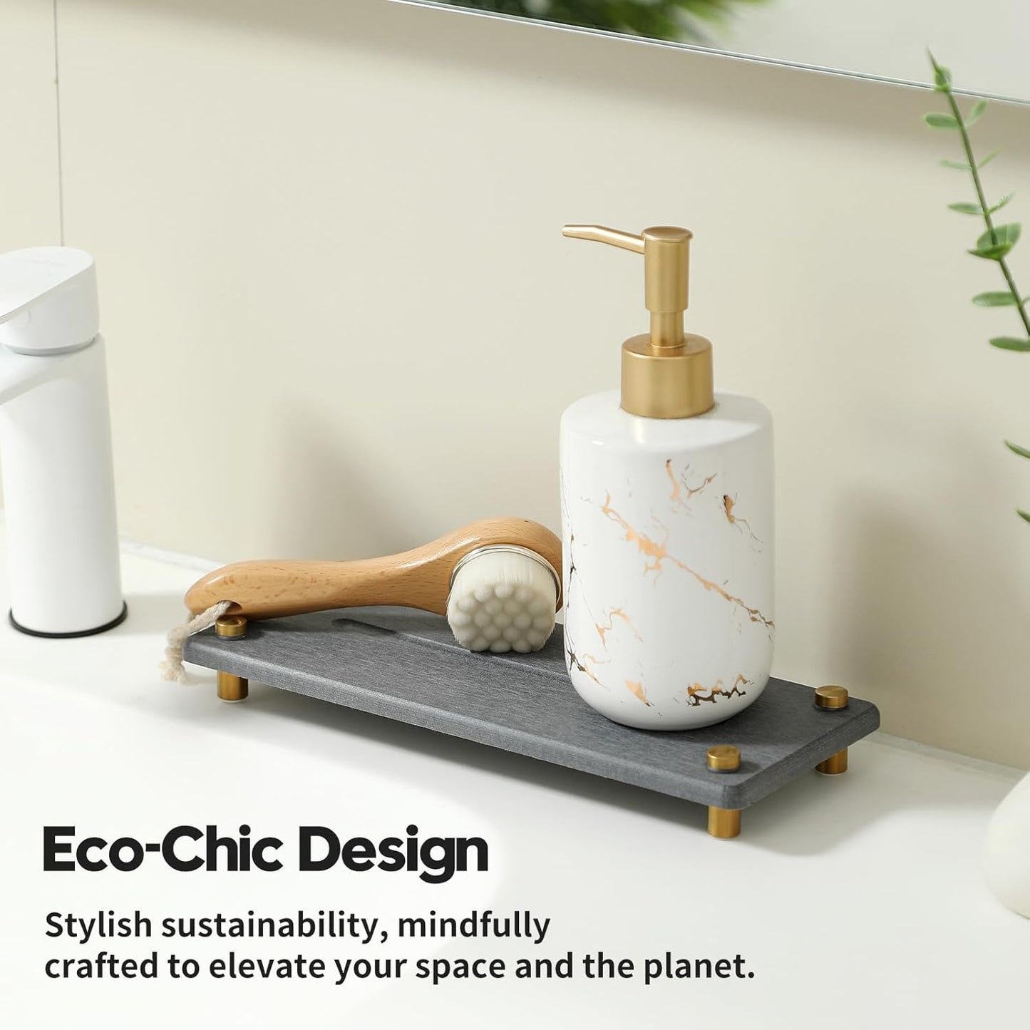 Kitchen Sink Caddy Water Absorbing Stone Drying Tray, Diatomite Bathroom Sink Organizer, Faucet Counter Mat Coaster, Soap Dish Rack Riser Dispenser Sponge Holder, Dark Gray Gold 10" x 4"