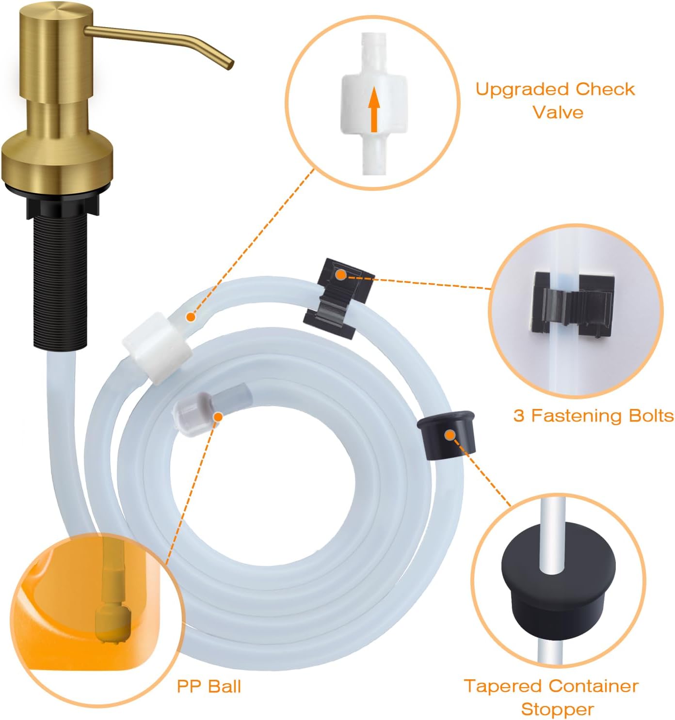 Sink Soap Dispenser for Kitchen Sink, Countertop Built in Sink Soap Dispenser with 47”Extension Tube kit, No Need to Fill The Little Bottle Again (Golden)