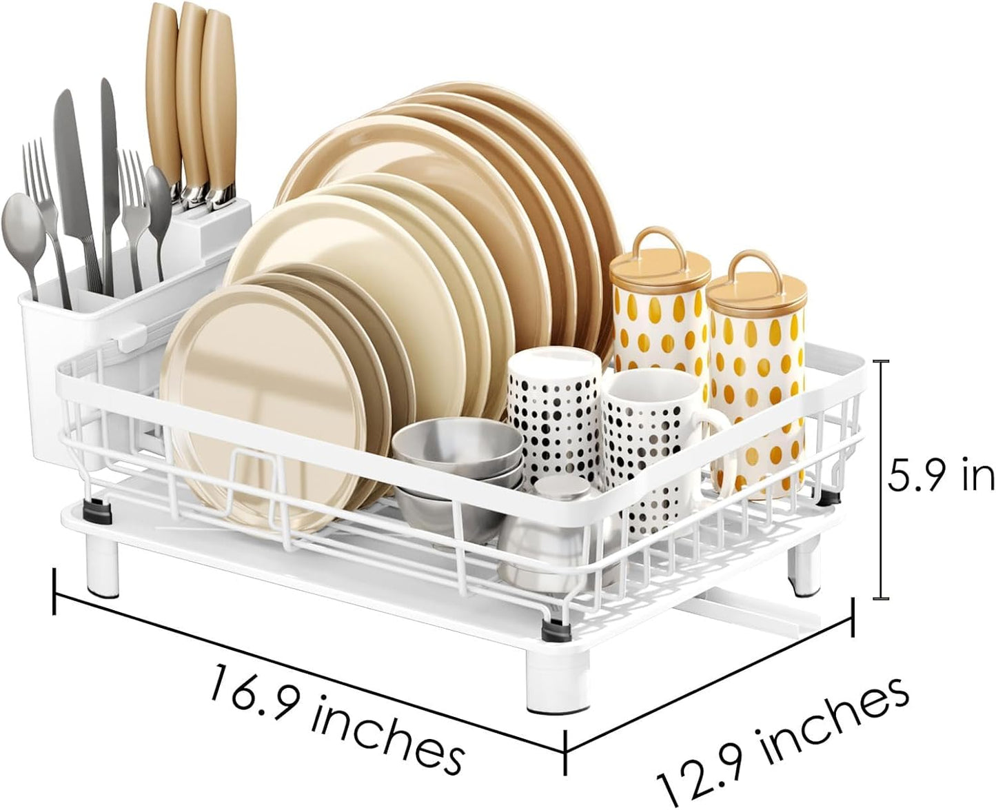 Iron Dish Drying Rack with Drainboard Dish Drainers for Kitchen Counter Extendable Spout Strainers with Utensil Holder and Knife Slots, White