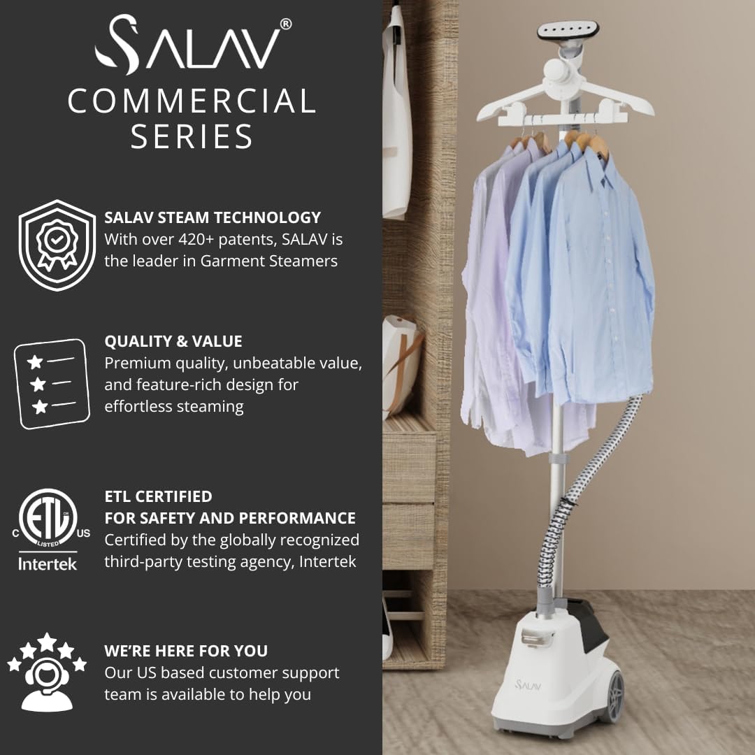 SALAV® Heavy Duty Smart Auto Shut-off Commercial Full-Size Garment Steamer, Beeping Alert when Water Runs out, Foot Pedal Control, XL 3L (101.5 oz) Tank, 1800 watts, 90+min of Continuous Steam, White