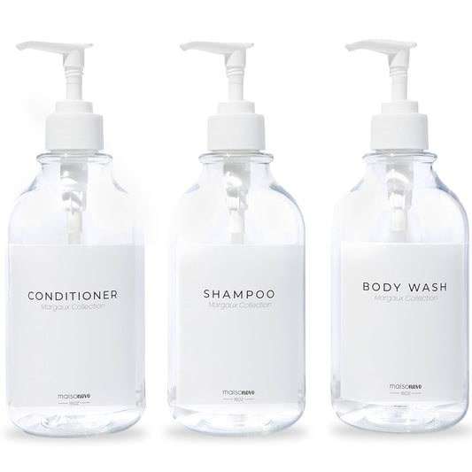 MaisoNovo Refillable Shampoo and Conditioner Bottles | 16.9 fl oz Set of 3 Clear Plastic Bottles White Pumps
