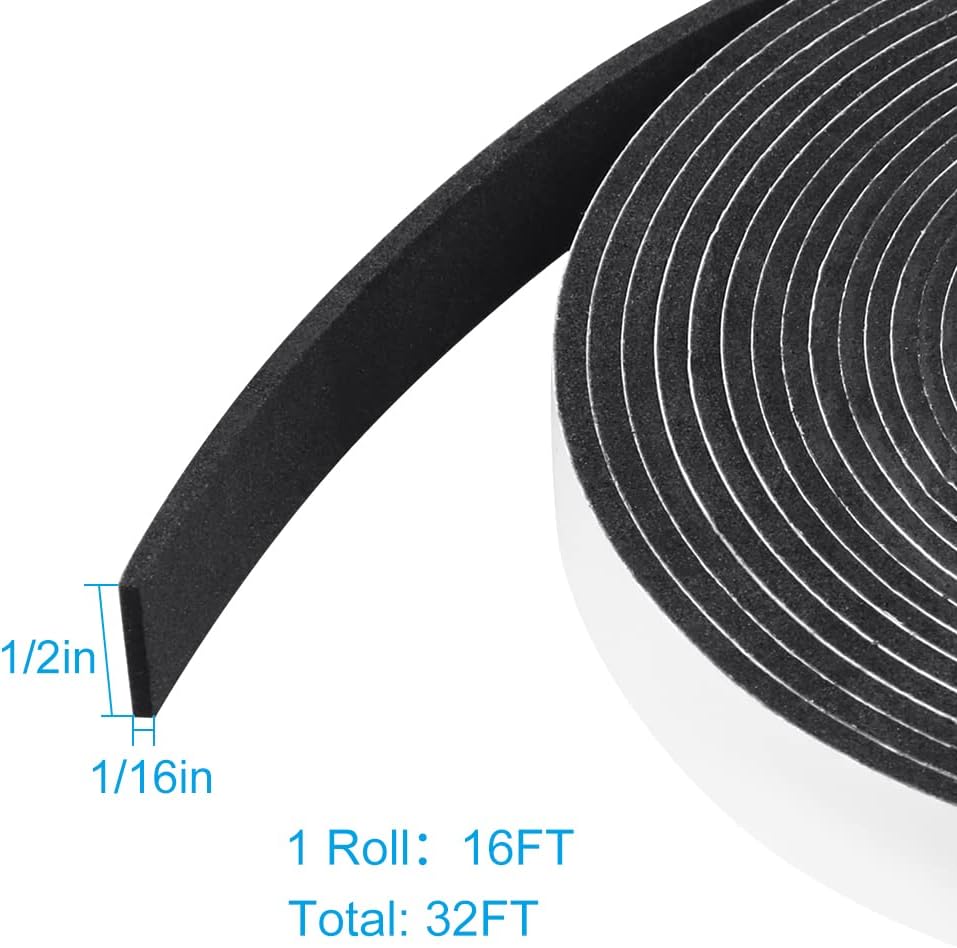 Seal Foam Tape,1/2 Inch W x 1/16 Inch T Weather Stripping for Door and Window, High Density Single Sided Closed Cell Door Insulation Weather Strip,2 Rolls 16FT Long Each