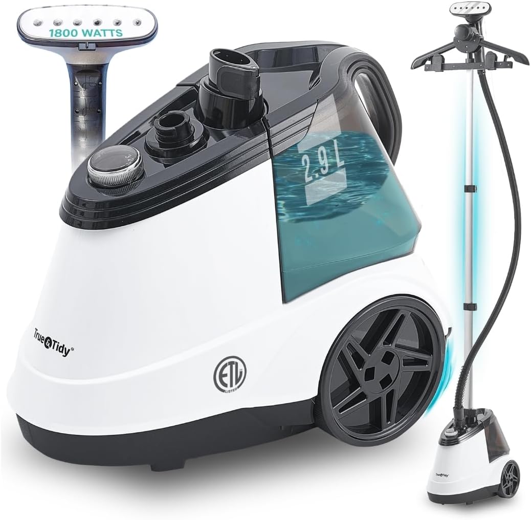 True & Tidy Heavy Duty Commercial Full Size Standing Garment Steamer for Clothes with Extra Large 2.9L (98 oz) Water Tank for 90+ mins of Steam Time, 1800 watts of Powerful Steam, 3 Settings, White
