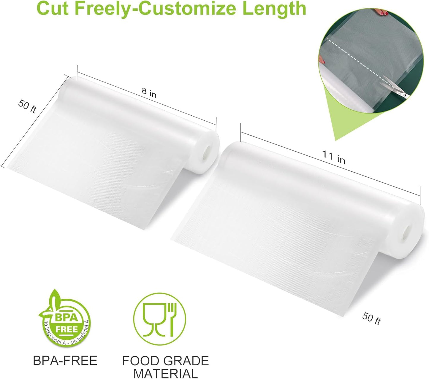 Bonsenkitchen Vacuum Food Sealer Rolls Bags, 8" x 50' & 11" x 50' Commercial Grade BPA Free Bag Rolls, Durable Customized Size Food Vac Bags for Storage and Sous Vide Cooking VB3212