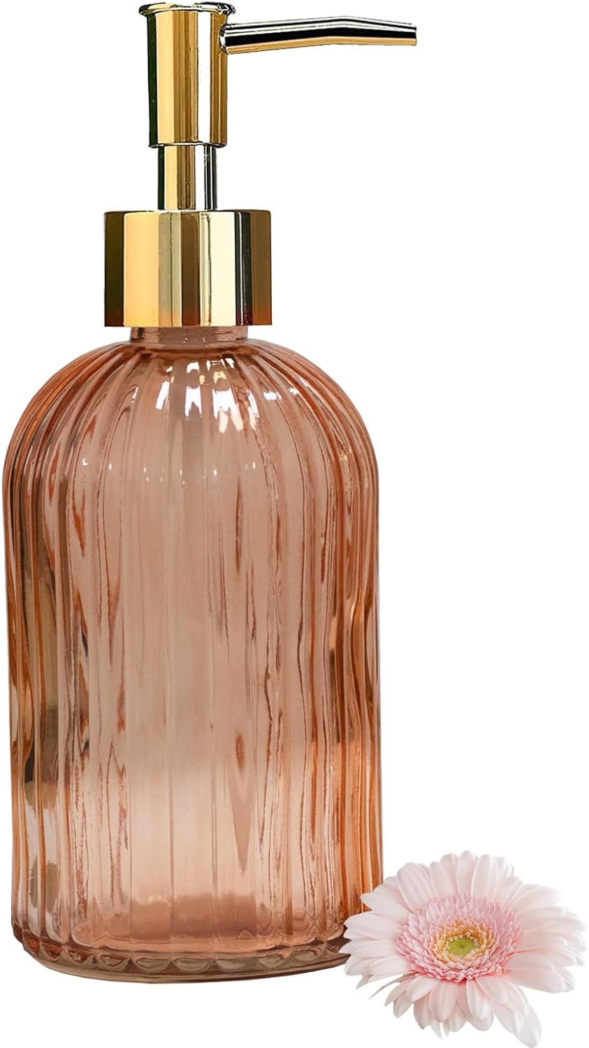 Glass Soap Dispenser with Gold Plastic Pump, 13.5oz Refillable Liquid Hand Soap Dispenser, Crystal Lotion Bottle for Modern Home Decor, Bathroom, Kitchen Countertop, Hotel(Orange)