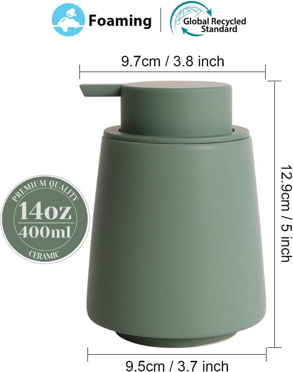 INGOFIN Ceramic Foaming Soap Dispenser -14 oz Foam Hand Soap Dispenser Bathroom Modern Refillable Dish Wash Bottle for Kitchen with Large Pump Matte Green