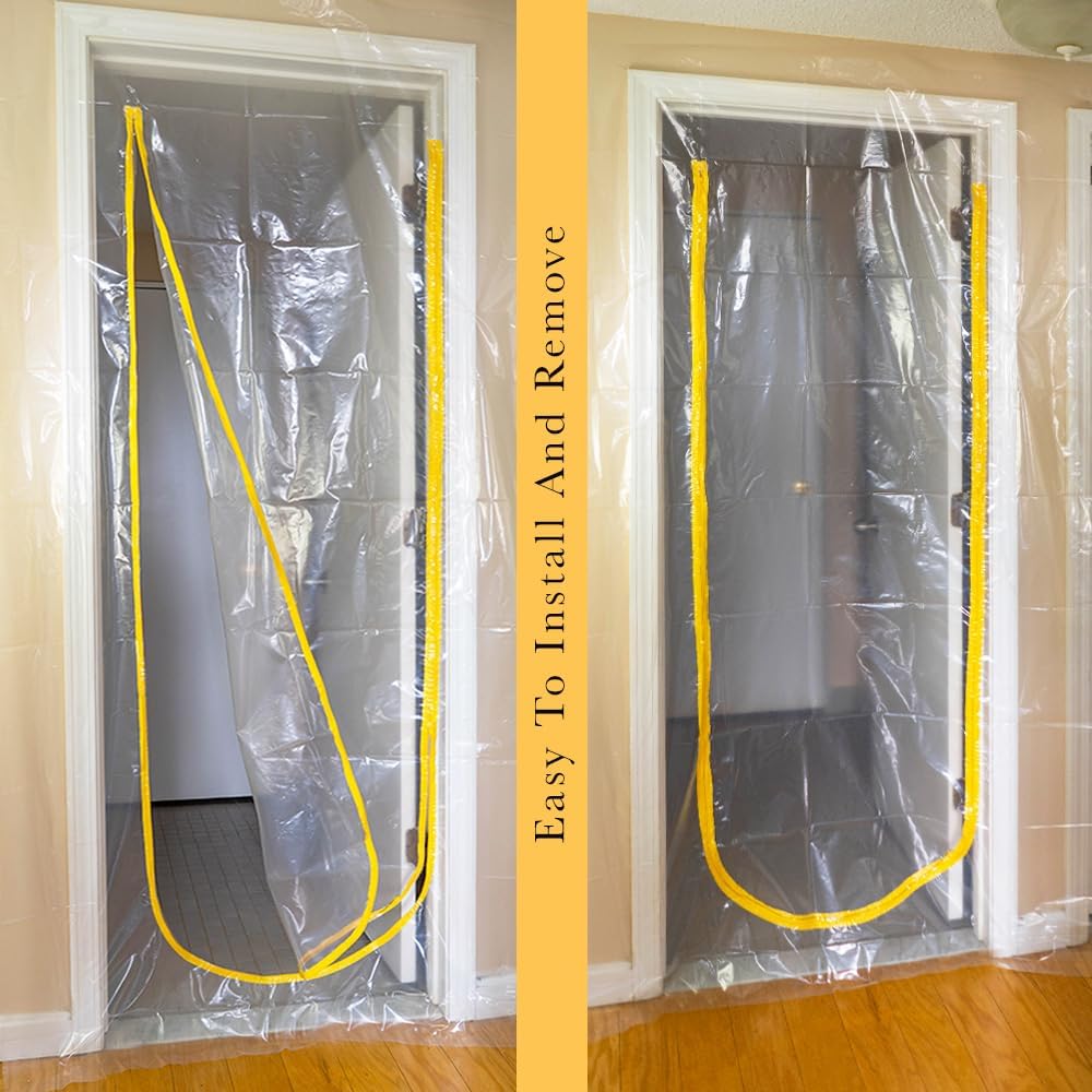 PAD 'N PROTECT Zipper Door Dust Barrier with U-Shape Zipper Door, 4' x 7.2', 4mil, Heavy Duty Dust Barrier U Zipper & Flap Hooks, Double Sided Tape, Easy Install, Yellow Zip, Ready to Use