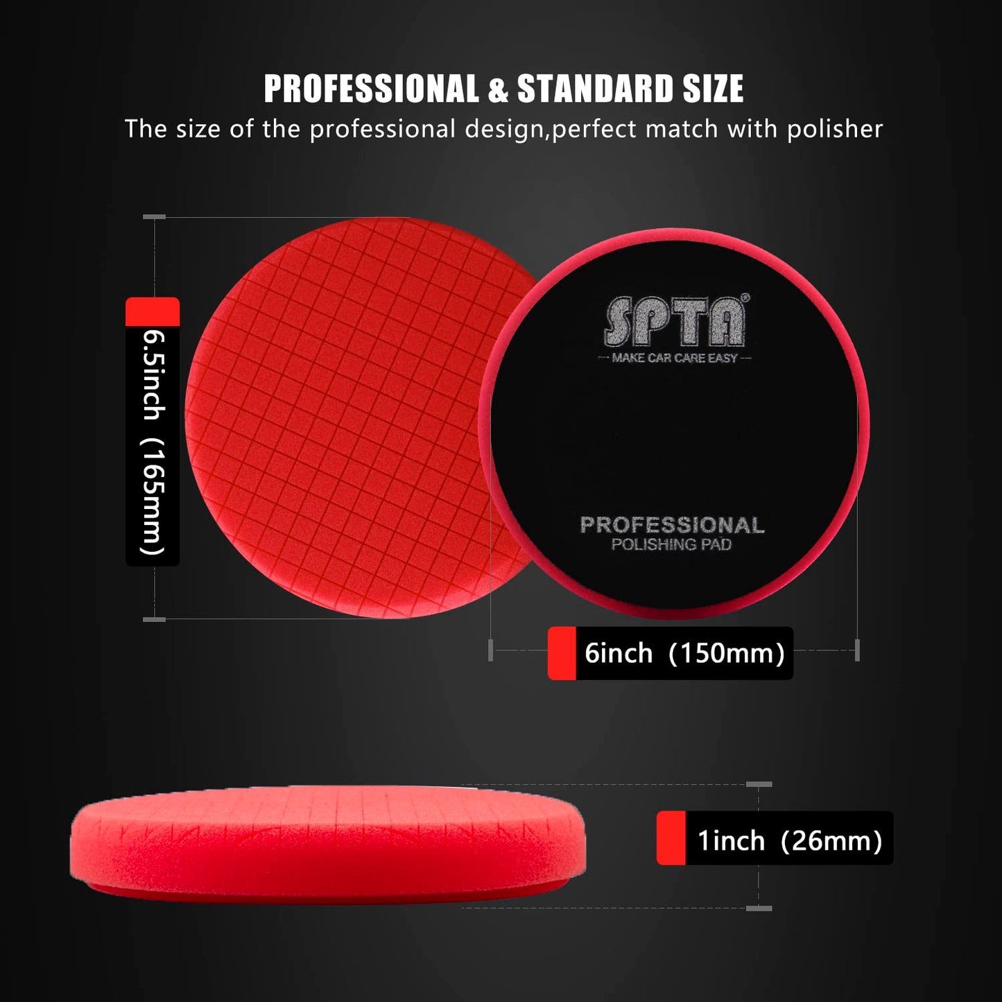 Red Finish Polishing Pads, Buffing Pads, SPTA 1Pc 6.5 Inch Face for 6 Inch 150mm Backing Plate Compound Buffing Sponge Pads for Car Buffer Polisher Compounding, Polishing and Waxing -FPTSS6R