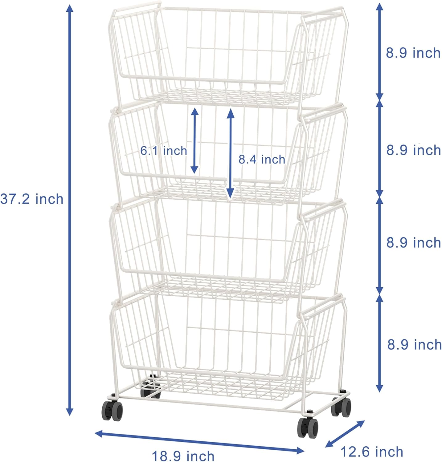 PUSDON Stackable Metal Storage Carts, Dual Use Shelf for Kitchen Fruit Vegetable Baskets with Wheels, Storage Rack for Living Room, Home & Office, Plus White 4 Tiers