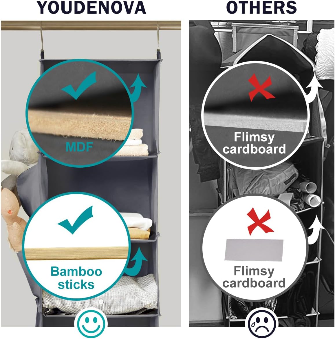 YOUDENOVA Hanging Closet Organizer, 3-Shelf Closet Hanging Storage Shelves, Grey