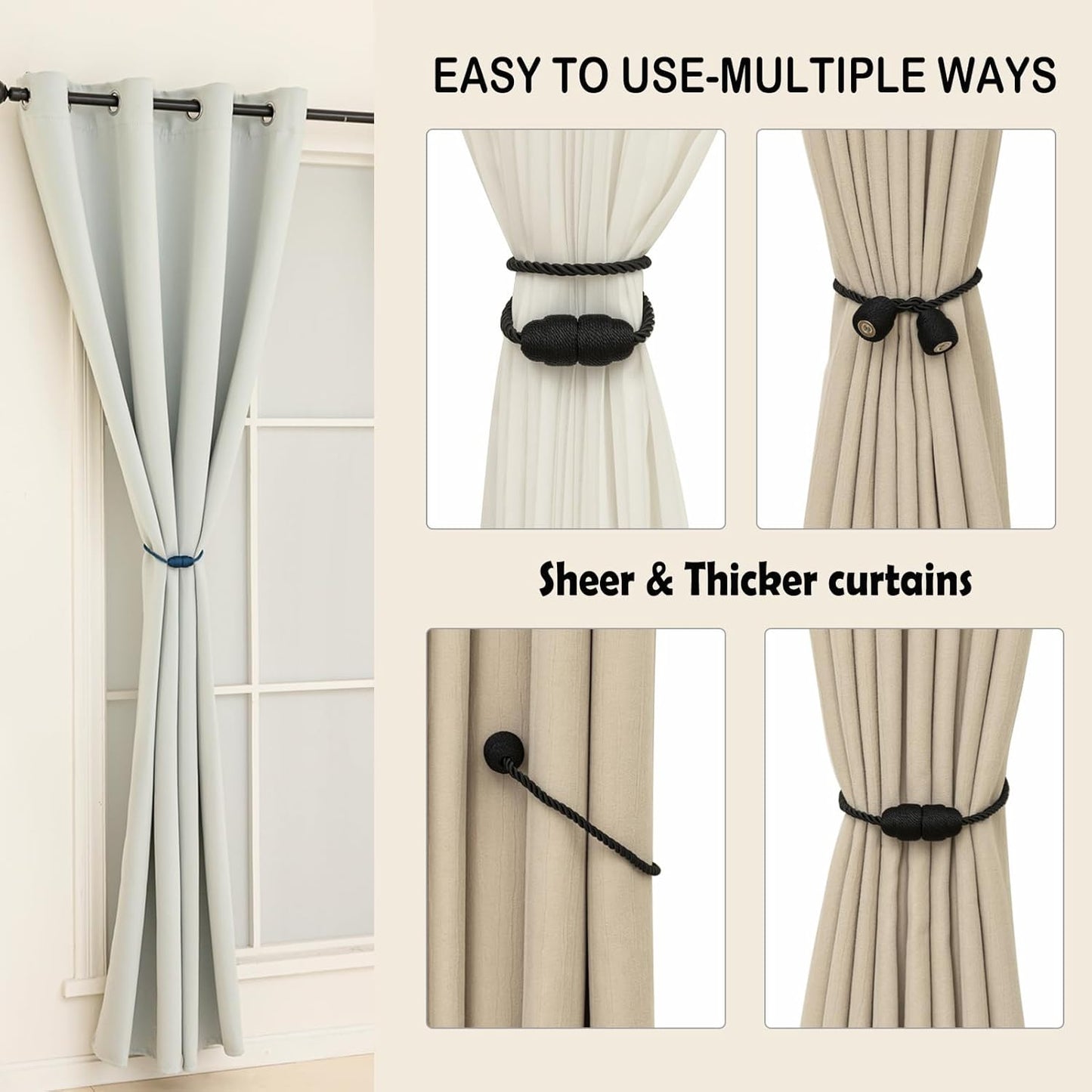 Magnetic Curtain Tiebacks Rope Curtain Tie Backs for Curtains 8 Pack Curtain Holders for Drapes Decorative Window Curtain Holdbacks, Black