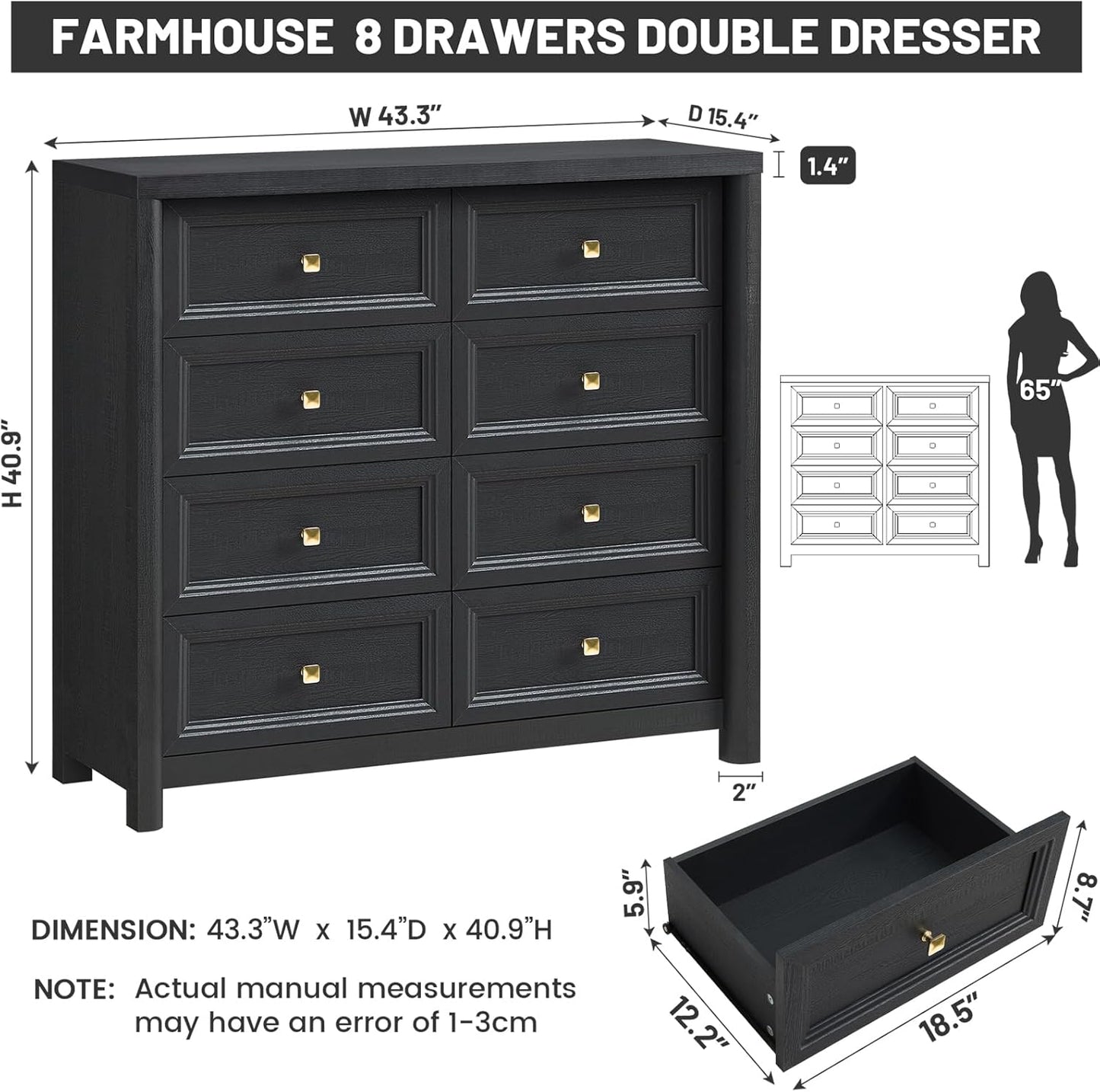 Farmhouse Dresser for Bedroom, 41" Tall Black Dresser with 8 Drawers, Soide Rustic Wood Vintage Dressers Chest of Drawers for Bedroom, Living Room, Hallway