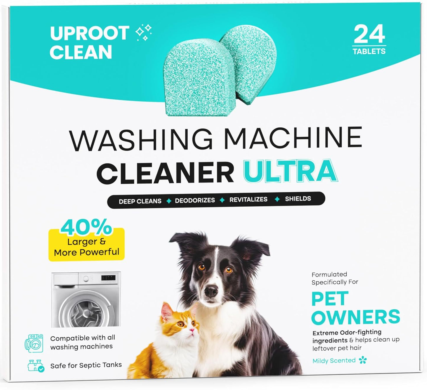 Uproot Clean Washing Machine Cleaner Tablets Ultra - 40% Stronger Formula: Designed for Pet Owners, Remove Residue, Grime & Odors, Compatible with HE, Top & Front Load, 24 Pack - 12 Month Supply