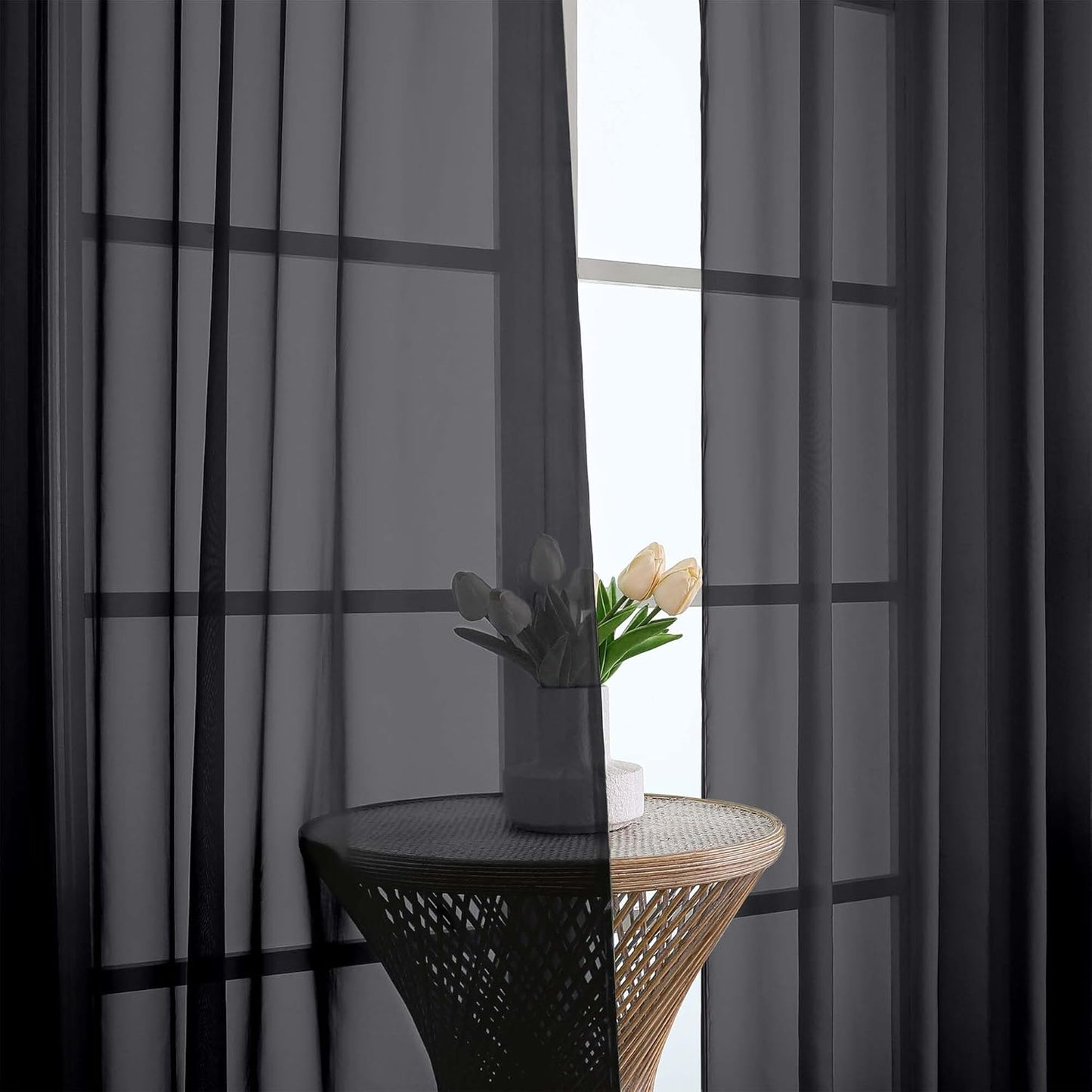 Chyhomenyc Extra Long Black Sheer Curtains 108 Inches Long 2 Panels, Light Filtering Black Curtains for Living Room, Soft Gentle Voile Rod Pocket Bedroom Window Drapes, 59Wx108L Inch, 9FT, 2PCS