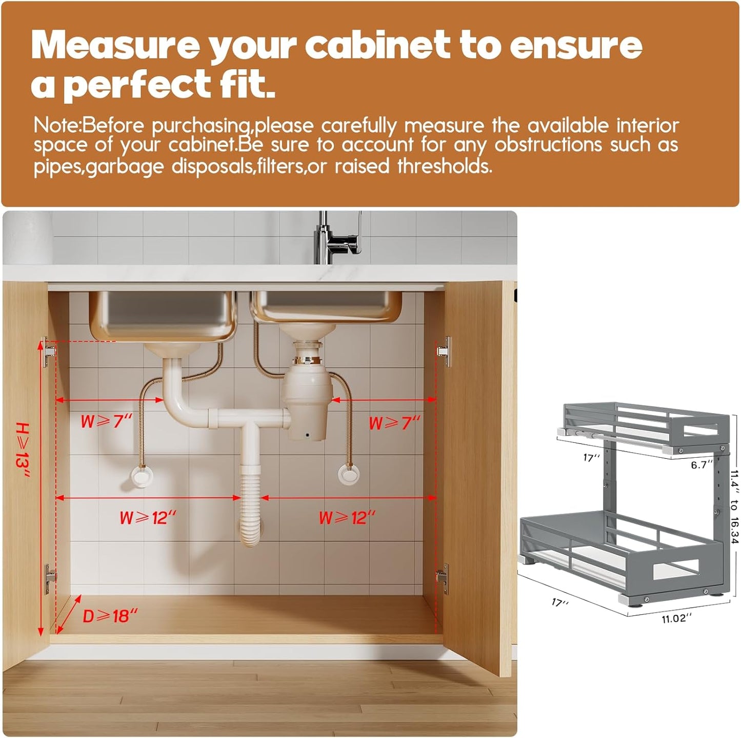 2-Pack 17"Deep Under Sink Organizer And Storage, 2-Tier L-Shaped Pull Out Cabinet Organizer with Upgraded Slide Rails, Height Adjustable Drawers for Kitchen&Bathroom, Extra-Large Storage Shelves–Gray