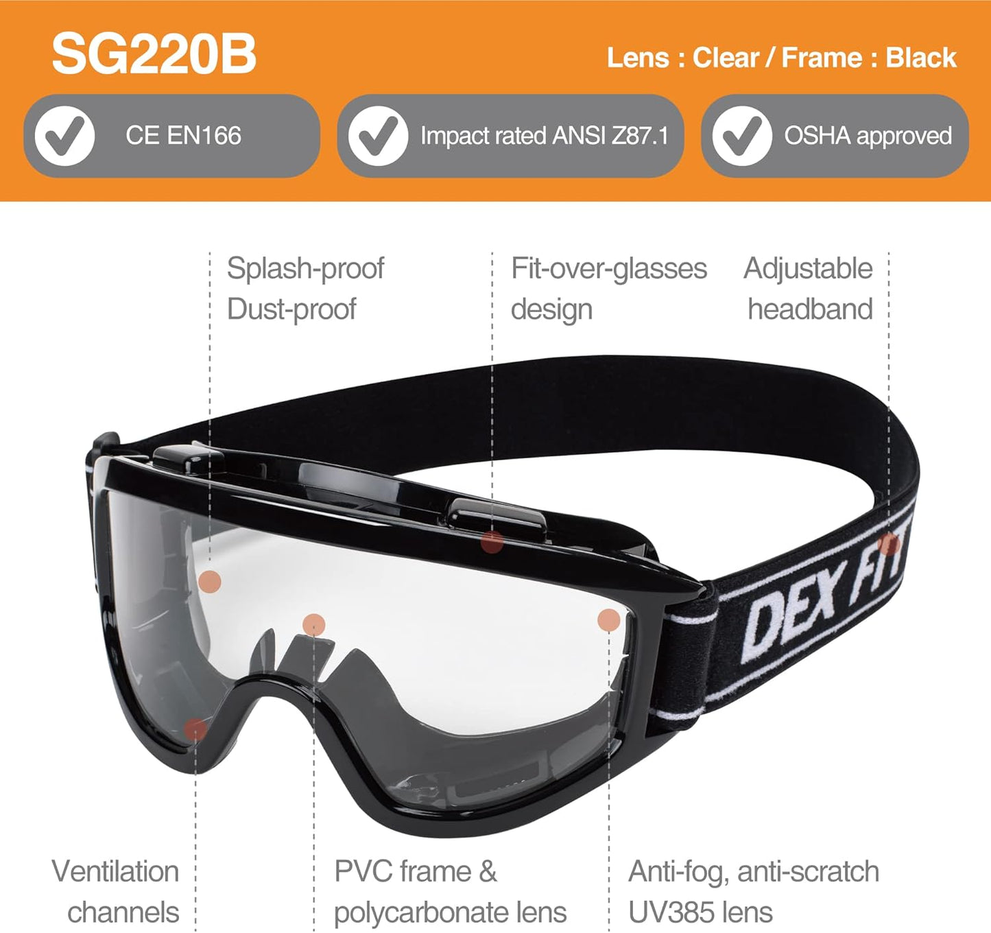DEX FIT Protective Safety Goggles SG220B; Anti Fog & Scratch, Z87 Eye Protection for Lab, Science, and Chemistry Work, Indirectly Vented, Adjustable for Women and Men, (Black Frame, Clear Lens)