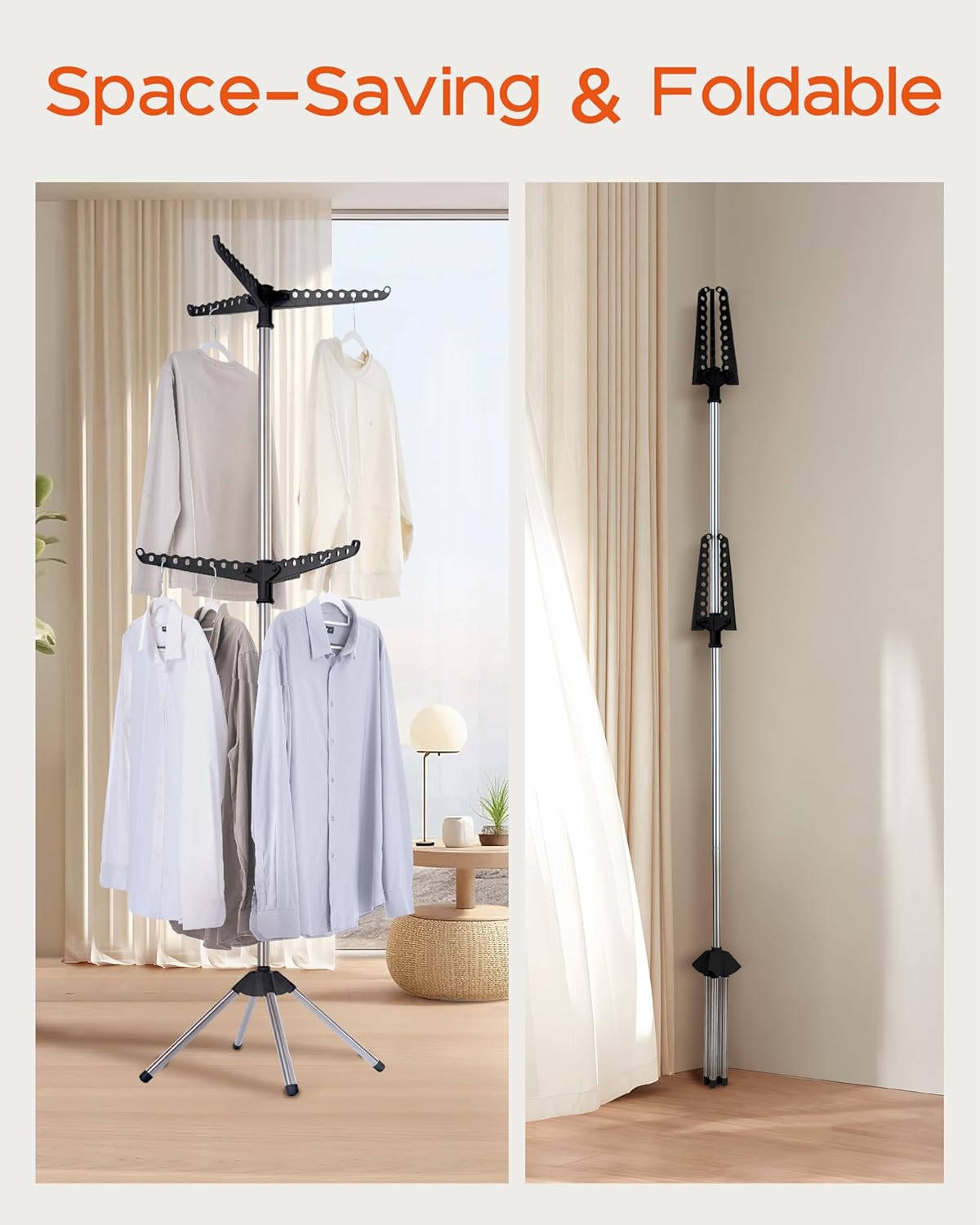 Clothes Drying Rack Foldable, 74.8 inch 2 Tier Laundry Drying Rack with Rotating Clothes Rail for 54 Pieces of Clothes, Space Saving, Indoor, Stainless Steel, Black and Silver CDR002B01