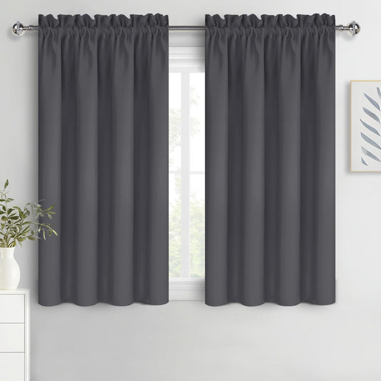 DWCN Kitchen Blackout Short Curtains for Bedroom 45 Inch Length 2 Panels Set, Solid Thermal Insulated Energy Saving Rod Pocket Window Treatment Curtains Blackout Draperies (W52 x L45 Inch, Dark Grey)