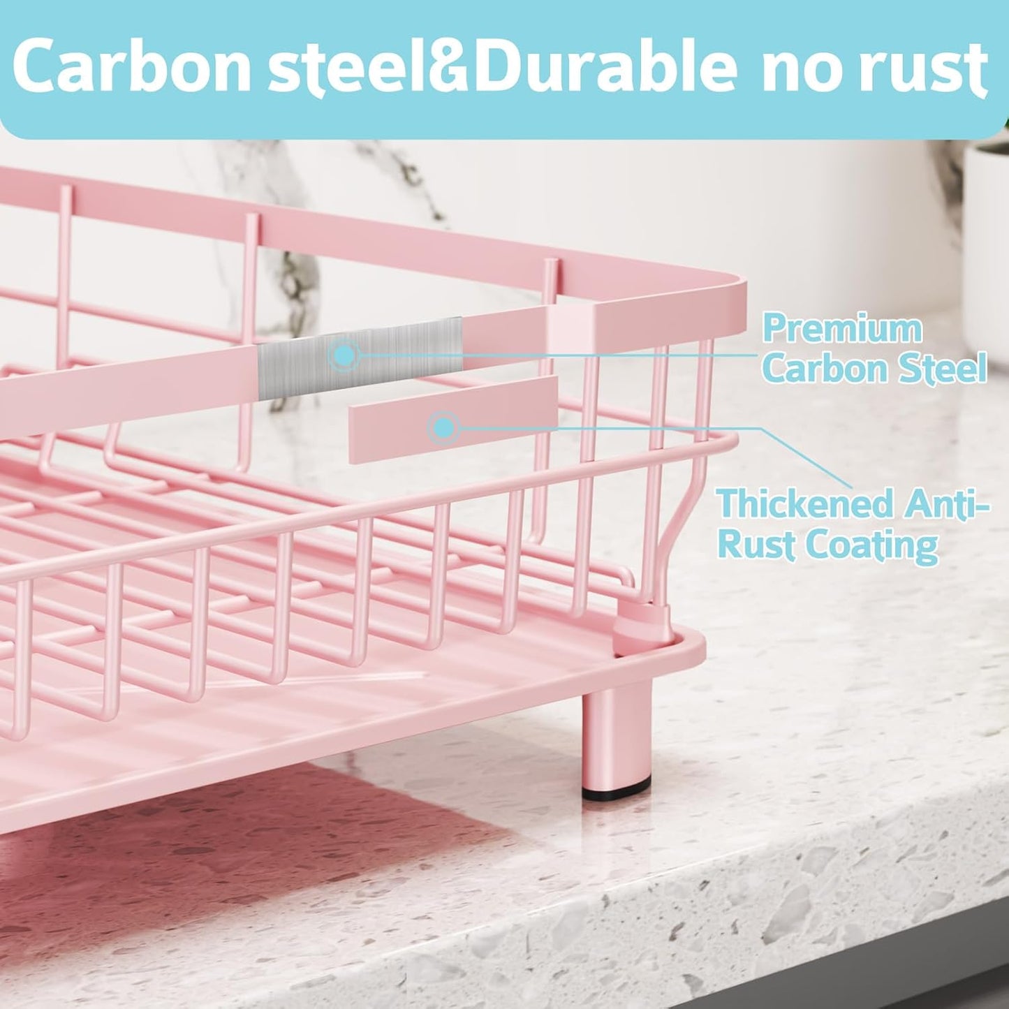 Dish Drying Rack - Space Saving Dish Rack - Dish Racks for Kitchen Counter with Drainboard,Rustproof Dish Drainer with Removable Utensil Holder,Pink