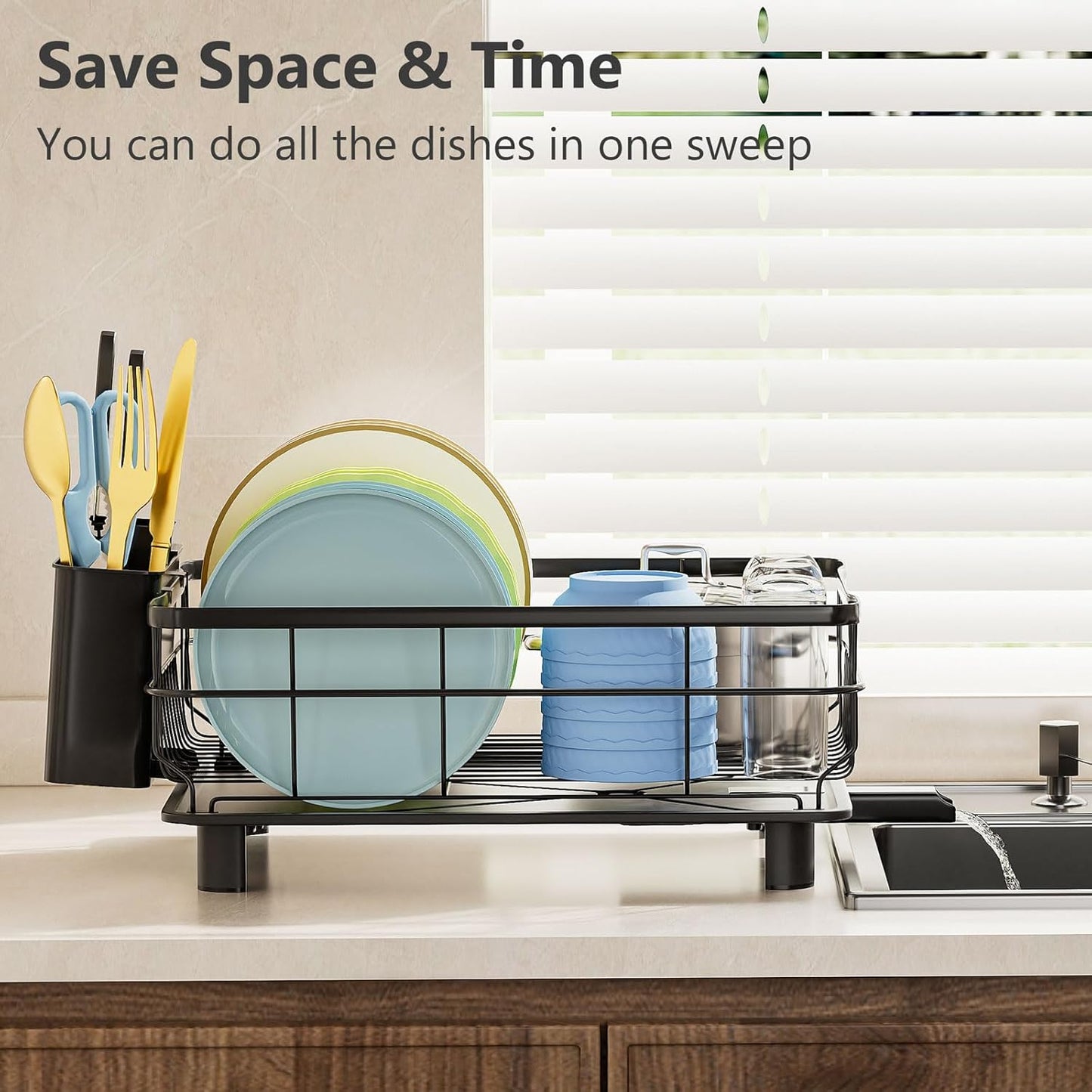 Iron Dish Drying Rack Auto Drain Dish Drainers Kitchen Counter Strainer with Draining Tray, All Black