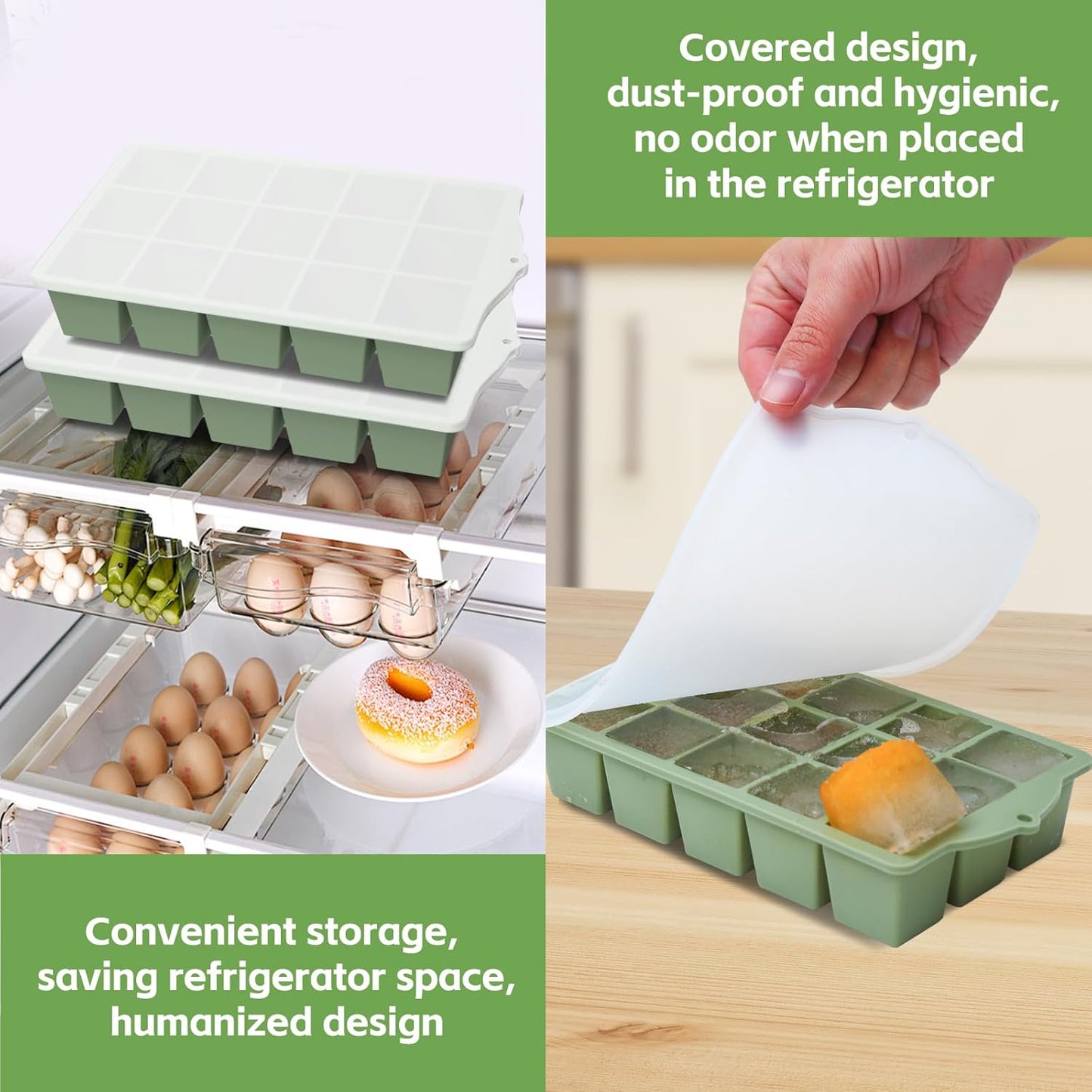 Silicone Ice Cube Tray, 2 Pack Easy-Release Stackable Ice Trays for Freezer with Lid 15 Reusable Cubes, Food Grade BPA Free Ice Molds for Whiskey, Baby Food, Coffee, Cocktail, Drinks (Green)