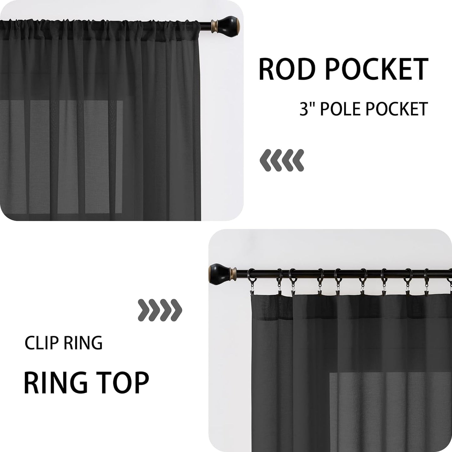 Tollpiz Sheer Door Curtains Closet Linen Textured Curtain Sheers Doorway Light Filtering Voile Patio Glass Door Rod Pocket Curtains French Door, 54 x 80 inches Long, Black, Set of 1 Panel