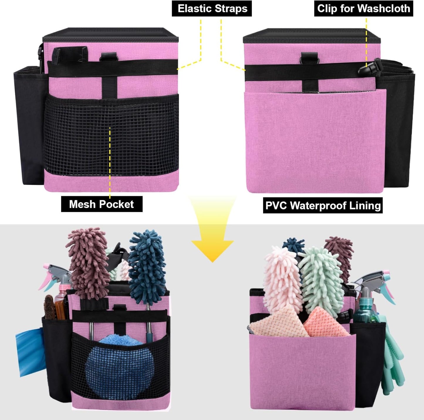 Wearable Large Cleaning Caddy Bag for Housekeeper, Clean Supply Organizer with Adjustable Shoulder, Waist & Handle Straps, Detailing Bag for Kitchen Supplies (Pink)