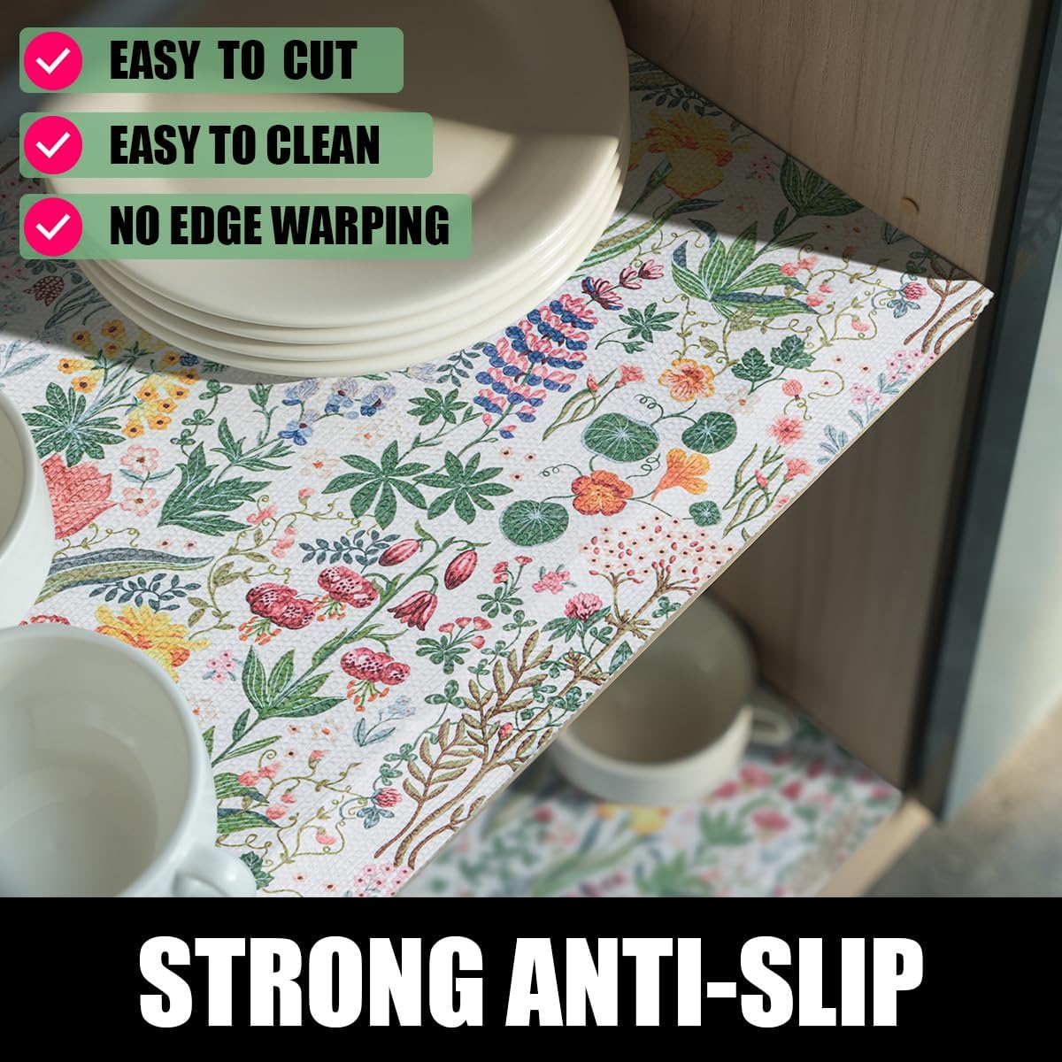 Floral Shelf Drawer Liners, Non Adhesive and Strong Non-Slip Colorful Cabinet Drawer Shelf Liners for Kitchen Wire Fridge, Waterproof Cabinet Liner,Easy to Clean,12IN x 10FT
