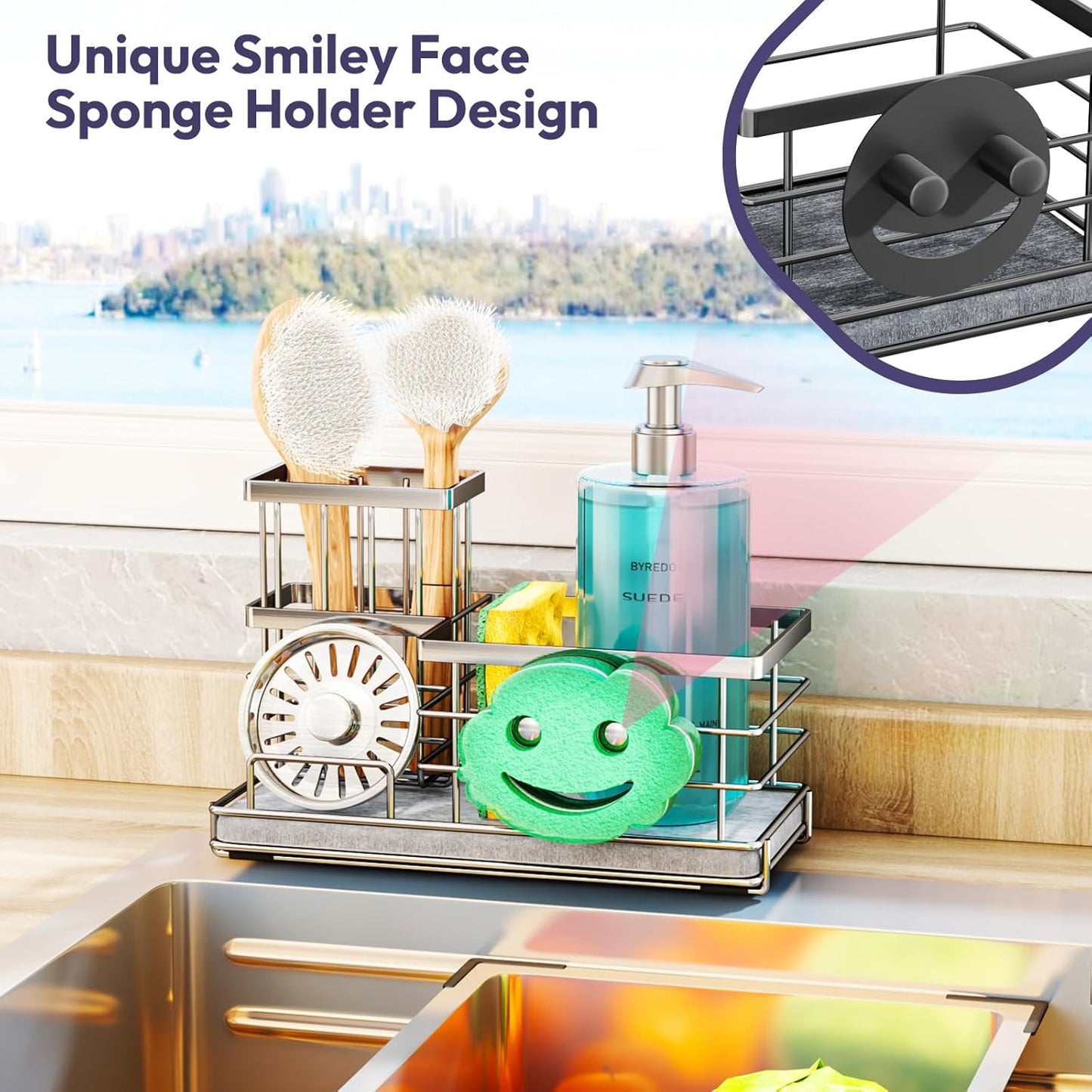 SWTYMIKI Kitchen Sink Caddy Organizer, Smiley Face Sponge Holder for Kitchen Sink, Instant Drying Sponge Holder with High Dish Brush Holder Organizer for Countertop, Silver