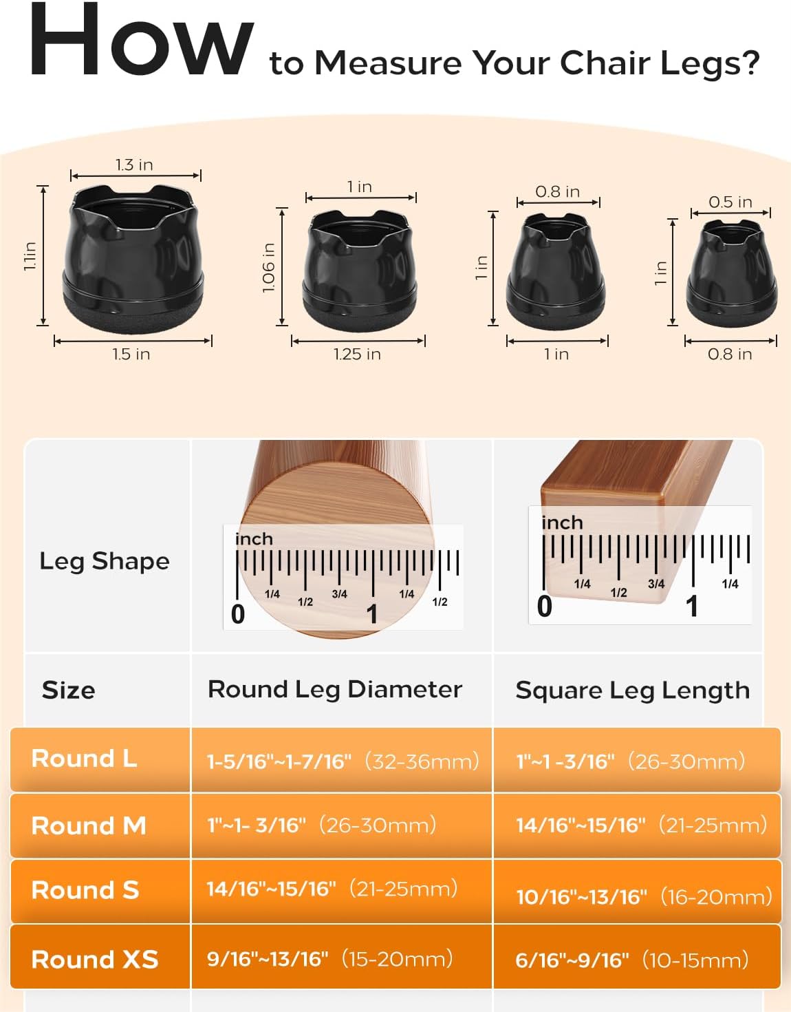 24-Pack Silicone Chair Leg Floor Protectors for Hardwood Floors -Felt Furniture Pads, Rubber Chair Leg Covers/Caps - Noise Reducing & Scratch-Proof - Round XS (Fits 9/16"-13/16" / 15-20mm), Black