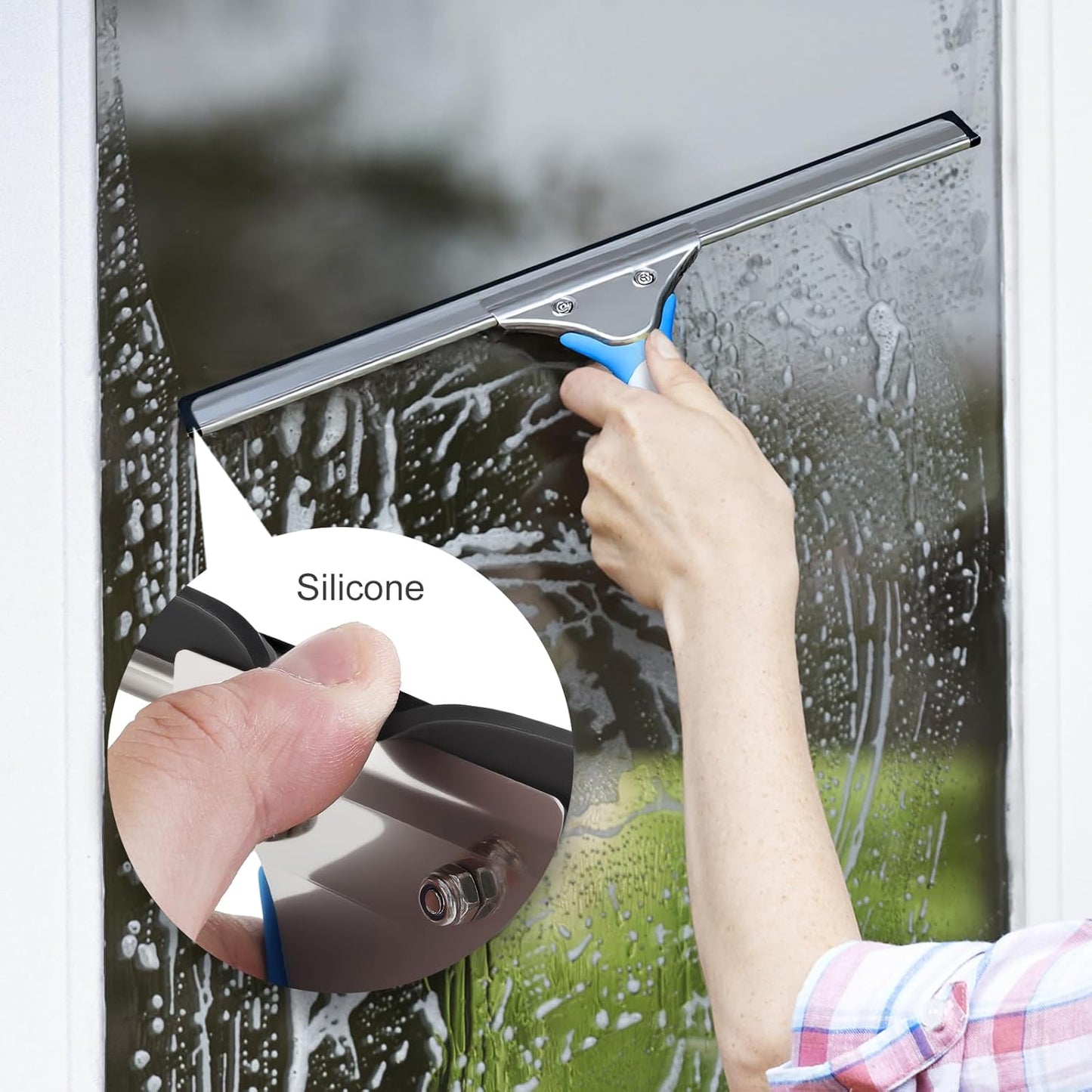 Professional Window Cleaning Kit 14IN, with Silicone Squeegee Blade, Microfiber Scrubber & Cloth, Windows Cleaning Tools, All-in-one Window Washing Supplies, Commercial & Household Use