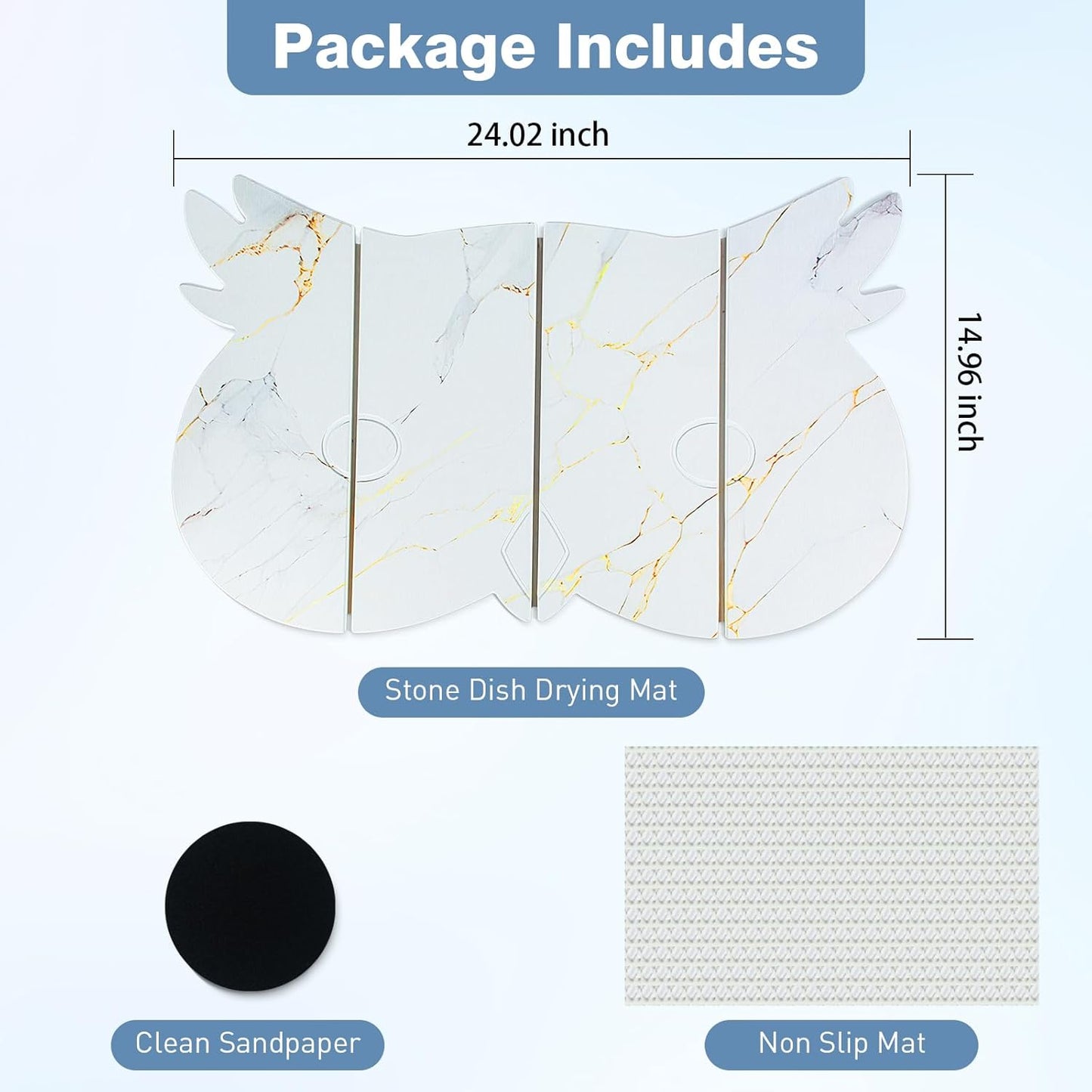 Large Stone Dish Drying Mat for Kitchen Counter,24"(L)×16"(W) Quick Dry Absorbent Diatomaceous Earth Dish Drying Mats,Owl Shape Design Drying Pads for Cups Dishes Bottles (White)