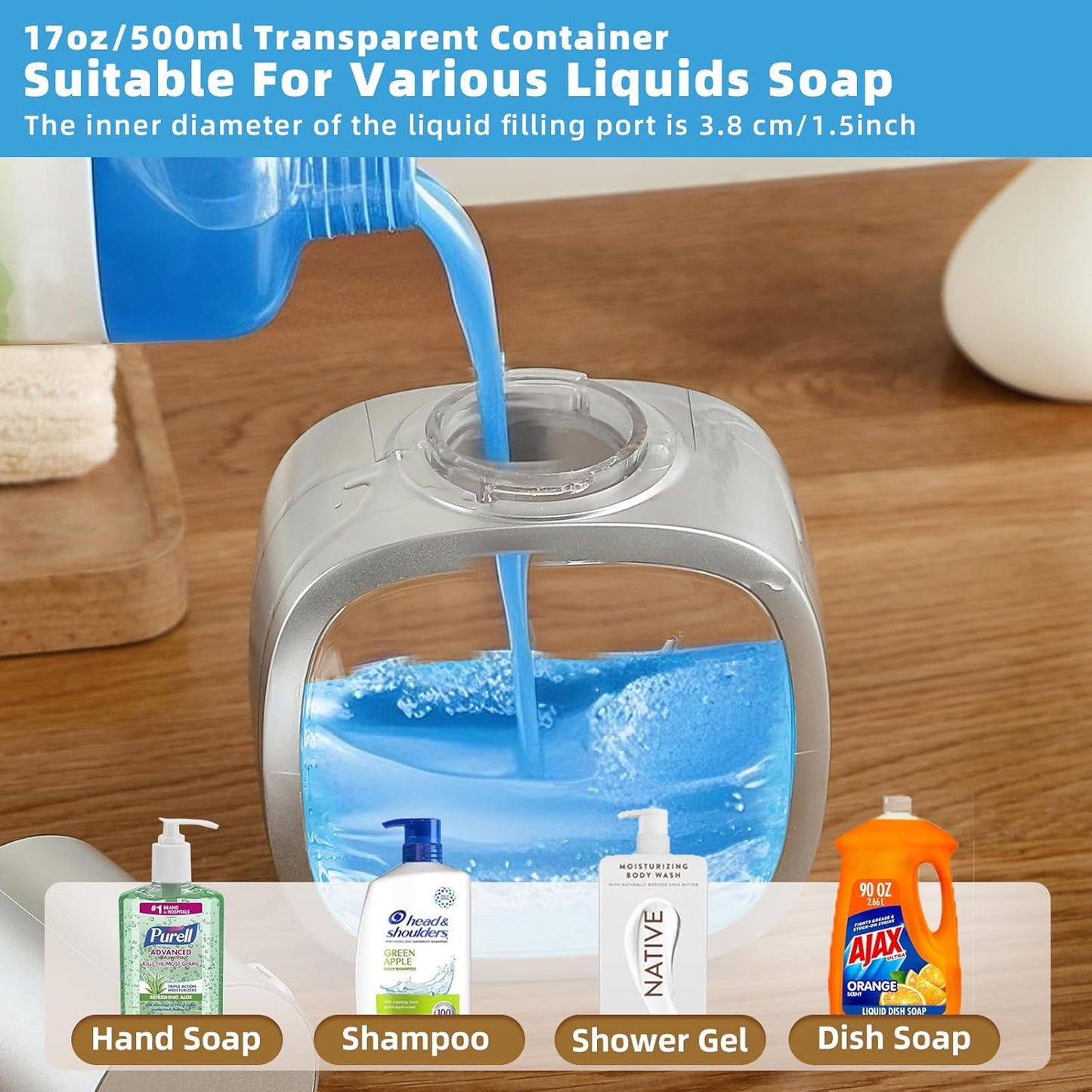Automatic Liquid Soap Dispenser, 17oz/500ml Touchless Rechargeable with 4-Level Adjustable & IPX5 Waterproof - Level Display for Wall/Tabletop Use in Bathroom, Kitchen, Silver
