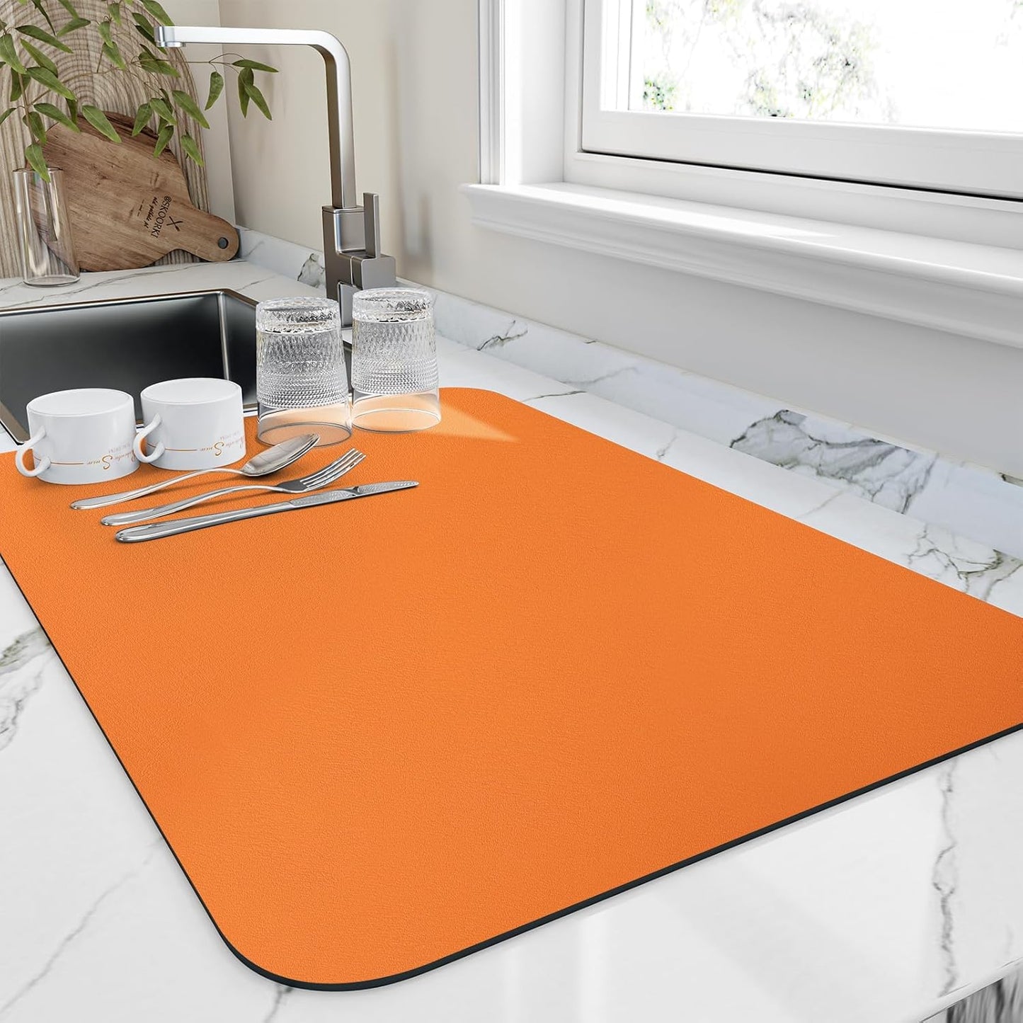 Dish Drying Mat for Kitchen Counter, Heat Resistant Drainer Mats with Non-slip Rubber Backed, Hide Stain Kitchen Super Absorbent Draining Mat, Easy to Clean Dish Rack Pad, Orange 16"x20"