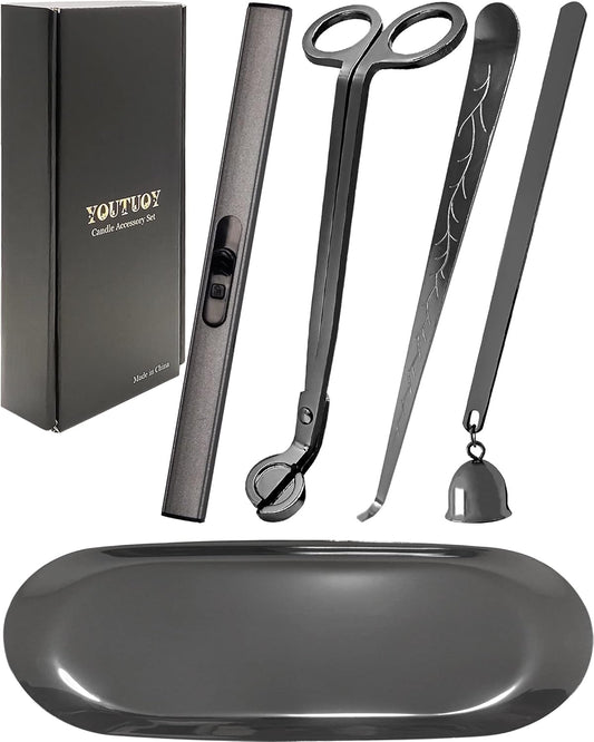 5 in1 Candle Accessory Set with Rechargeable Candle Lighter, Candle Wick Trimmer, Candle Wick Snuffer, Candle Wick Dipper, Storage Tray Plate, Candle Care Kit (Silver Black)