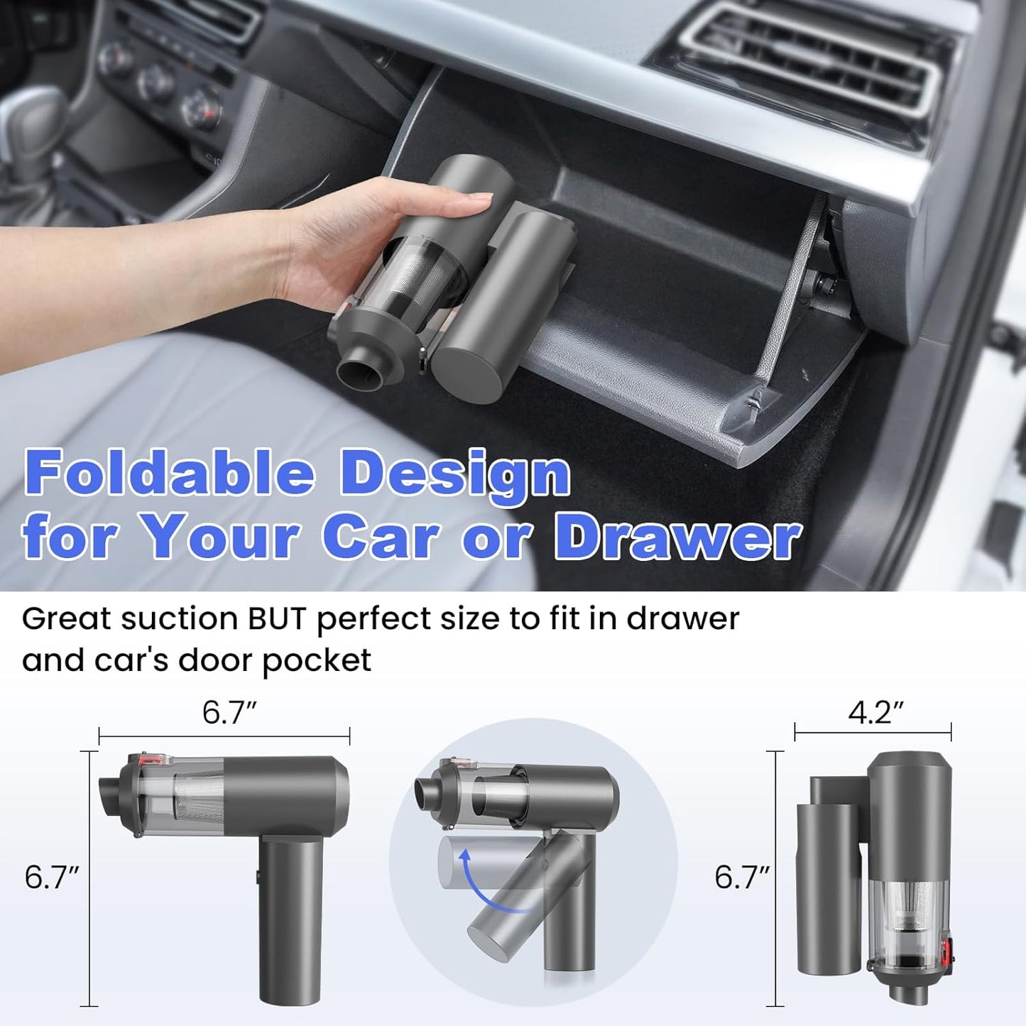 Car Vacuum Portable Cordless with 16000PA Ultra Suction 4-in-1 Foldable Air Duster & Brushless Motor Rechargeable Handheld Vacuum for Pet Hair, Car Seats, Home & Office Cleaning