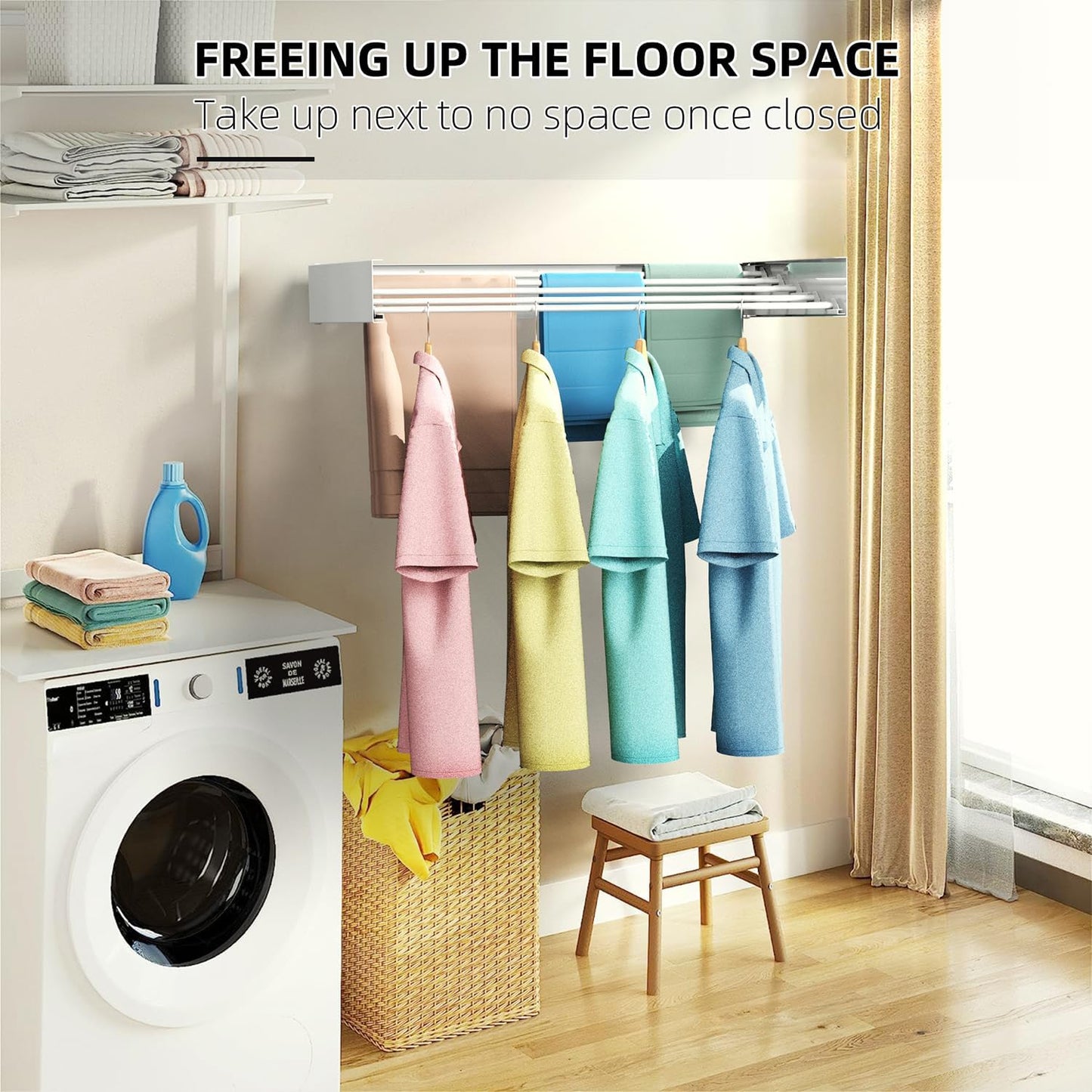 Laundry Drying Rack, Collapsible Wall Mounted Clothes Drying Rack - Foldable,Space Saving, 13.2 Linear Ft, 5 Aluminum Rods, 60 lb Capacity (White, 40")