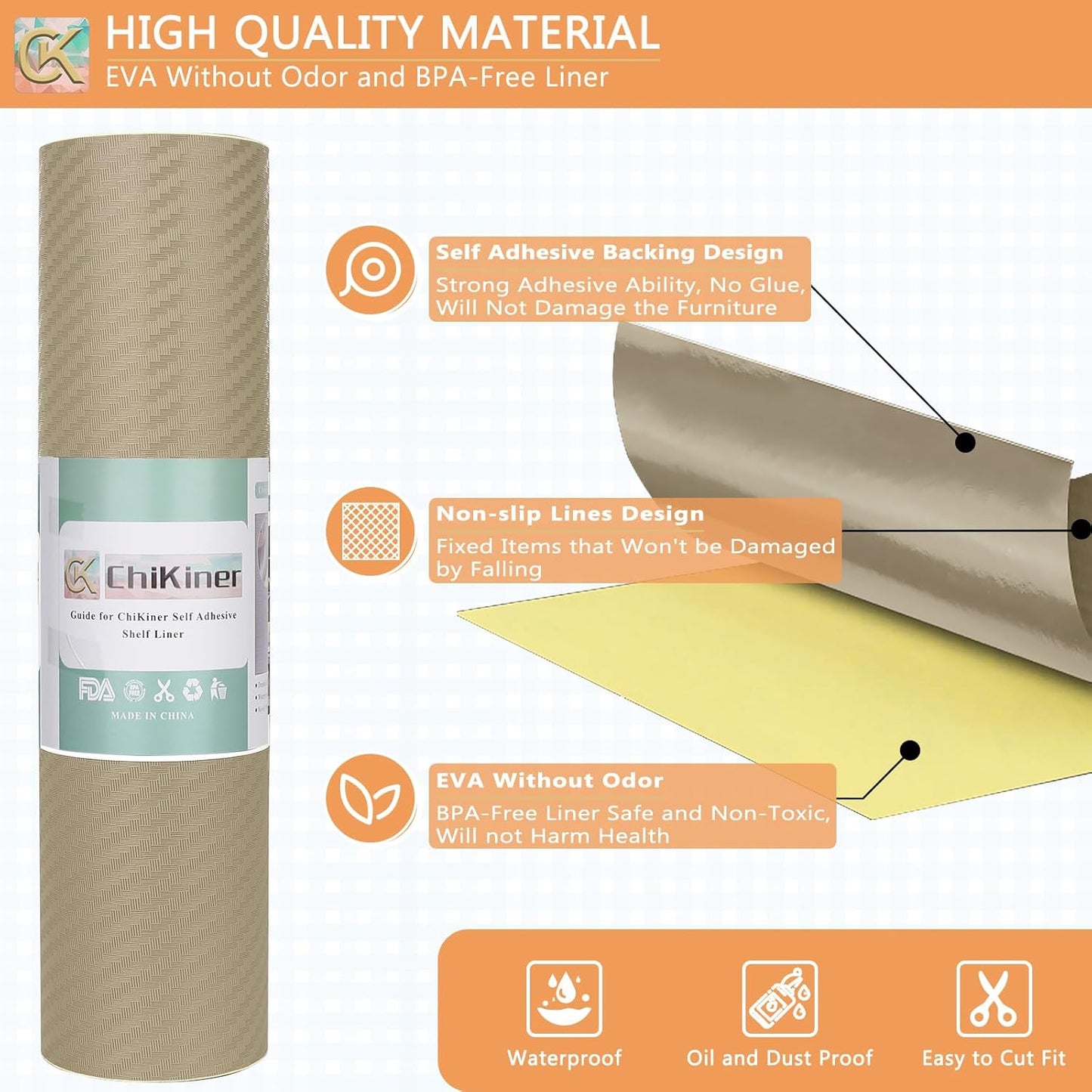 Self-Adhesive Shelf Liner Kitchen Liner, Waterproof Backed Paper Easy Peel and Stick Contact Liner Without Residue for Decor Your Desk Surface, Kitchen Countertops (Dark Khaki, 11.8 x 236.2 inches)