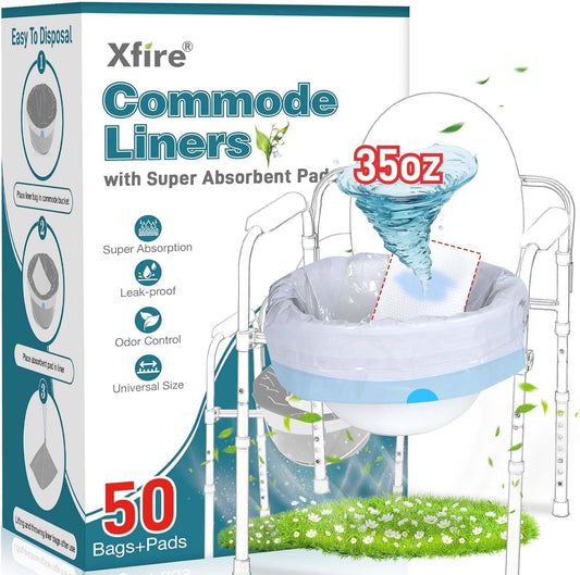 Commode Liners with Absorbent Pads- 50 Commode Bags+ 50 Commode Pads, Extra Thicken Commode Toilet Liners Universal Fit Bedside Commode, Portable Toilet, Chair Bucket, Bedpan