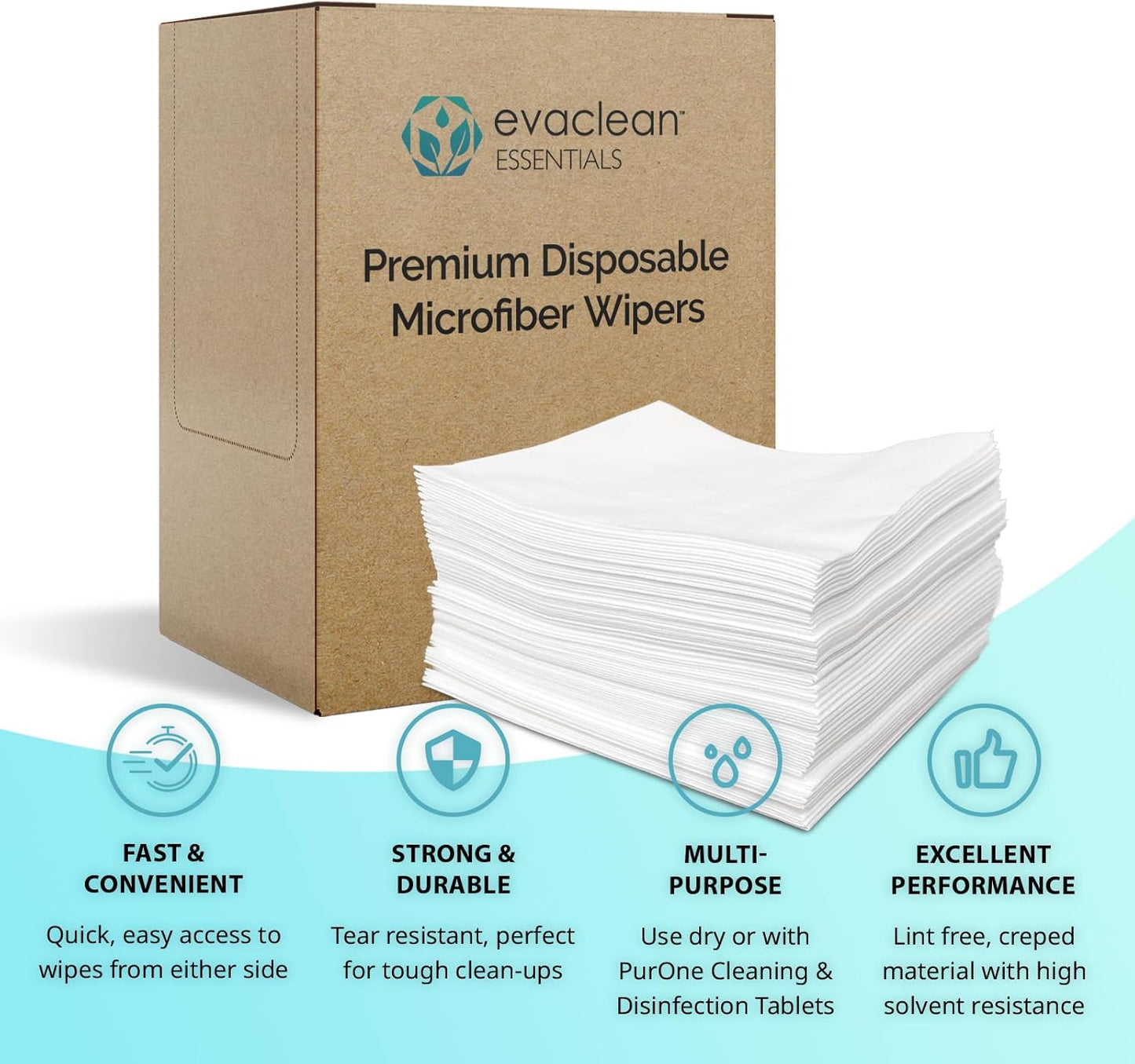 EvaClean Extra Large Disposable Microfiber Wipes - Lint-Free, Strong & Versatile, Solvent-Resistant, Use Dry or with Water, Cleaners, Sanitizers, or Disinfectants - 13.75" x 12", 200 Wipers per Box