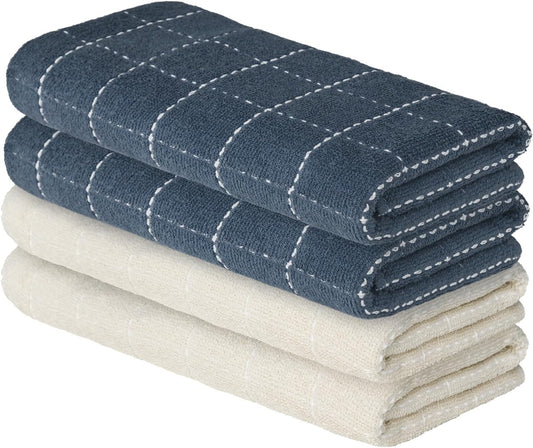 Artoid Mode Checkered Designed Cotton Beige Grey Terry Kitchen Dish Towels, 15x25 Inch Soft Absorbent Quick Drying Cleaning Tea Towels Set of 4