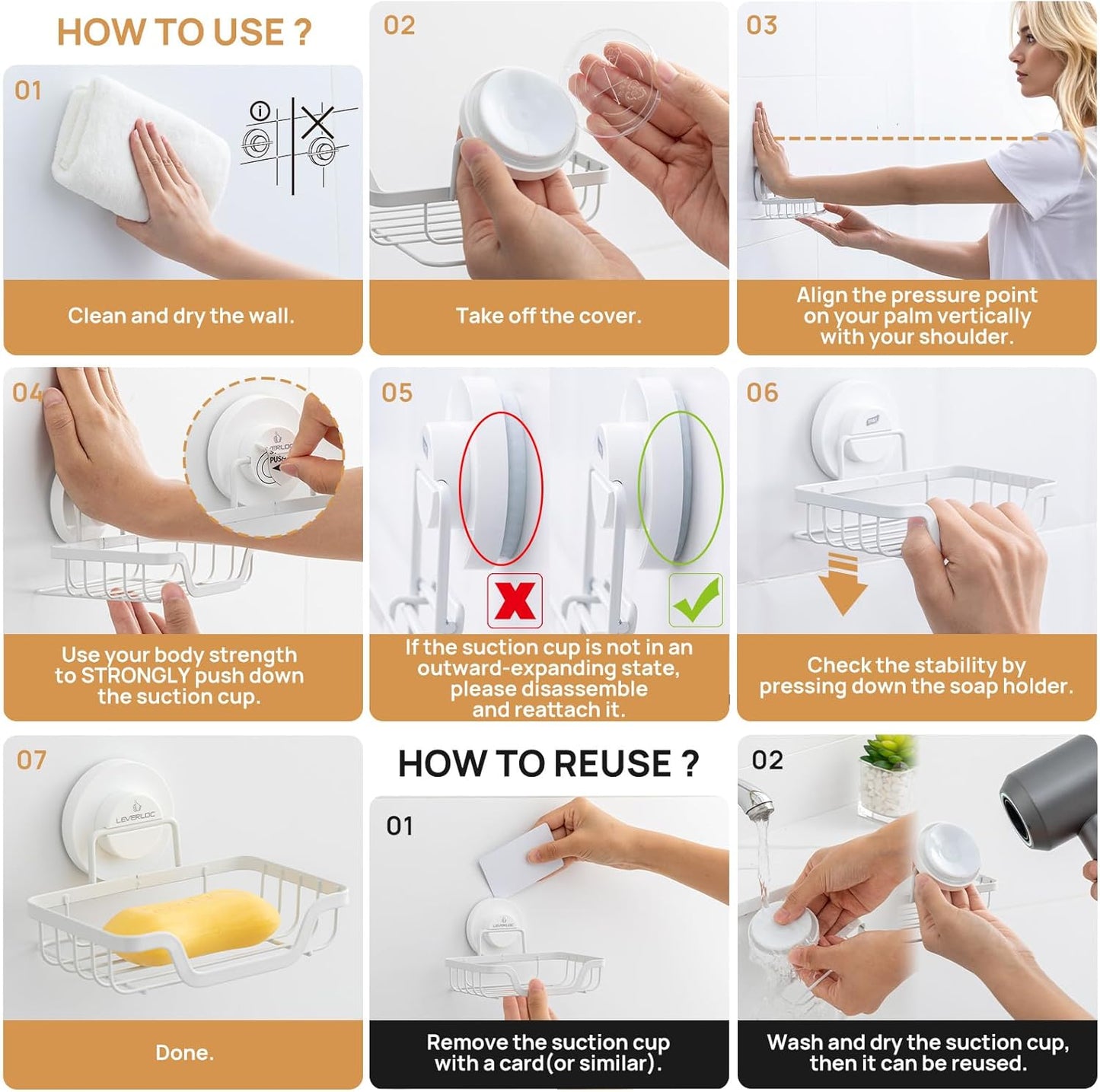 LEVERLOC Soap Dish, Soap Bar Holder for Shower Suction Cup Wall Mounted, Stainless Steel No-Drilling Removable Waterproof Sponge Holder for Bathroom Bathtub Kitchen Sink, Keep Dry, White