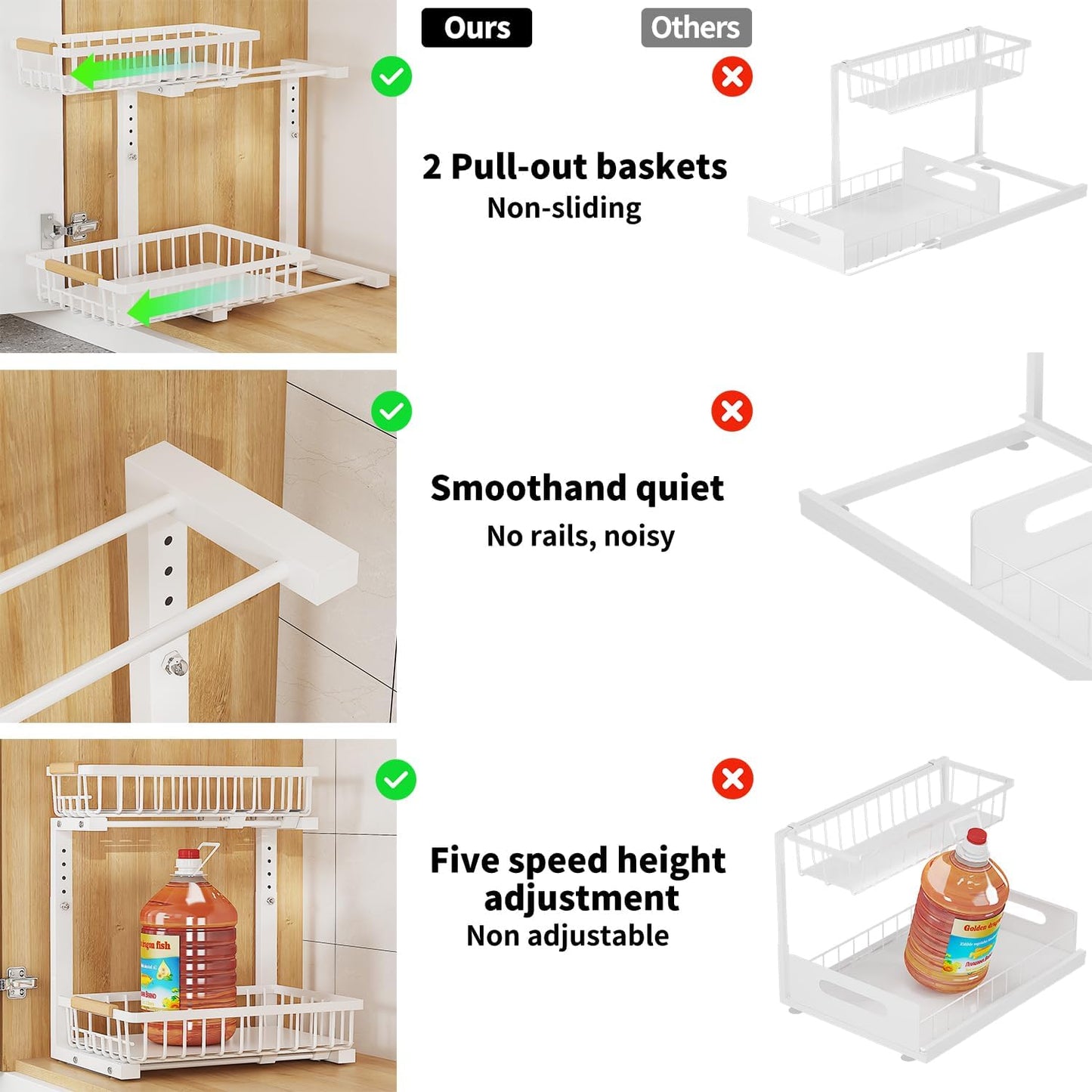 Under Sink Organizer, 2 Tier Slide Out Under Sink Organizers and Storage, Height Adjustable Pull out under cabinet storage, Metal Bathroom Kitchen Sink Organizer，2 Pack