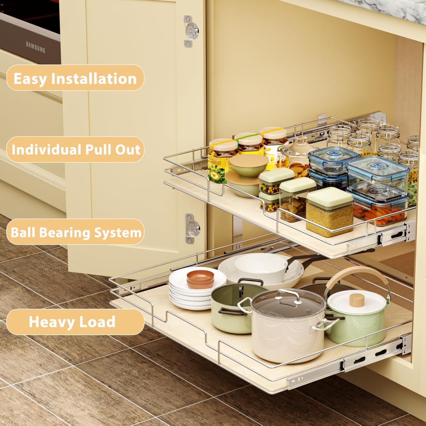 ROOMTEC 2 Tier Individual Pull Out Cabinet Organizer 22½"W x 21½"D, Slide Out Wood Shelves Organizers, Pull Out Drawers Organization and Storage for Kitchen Cabinet