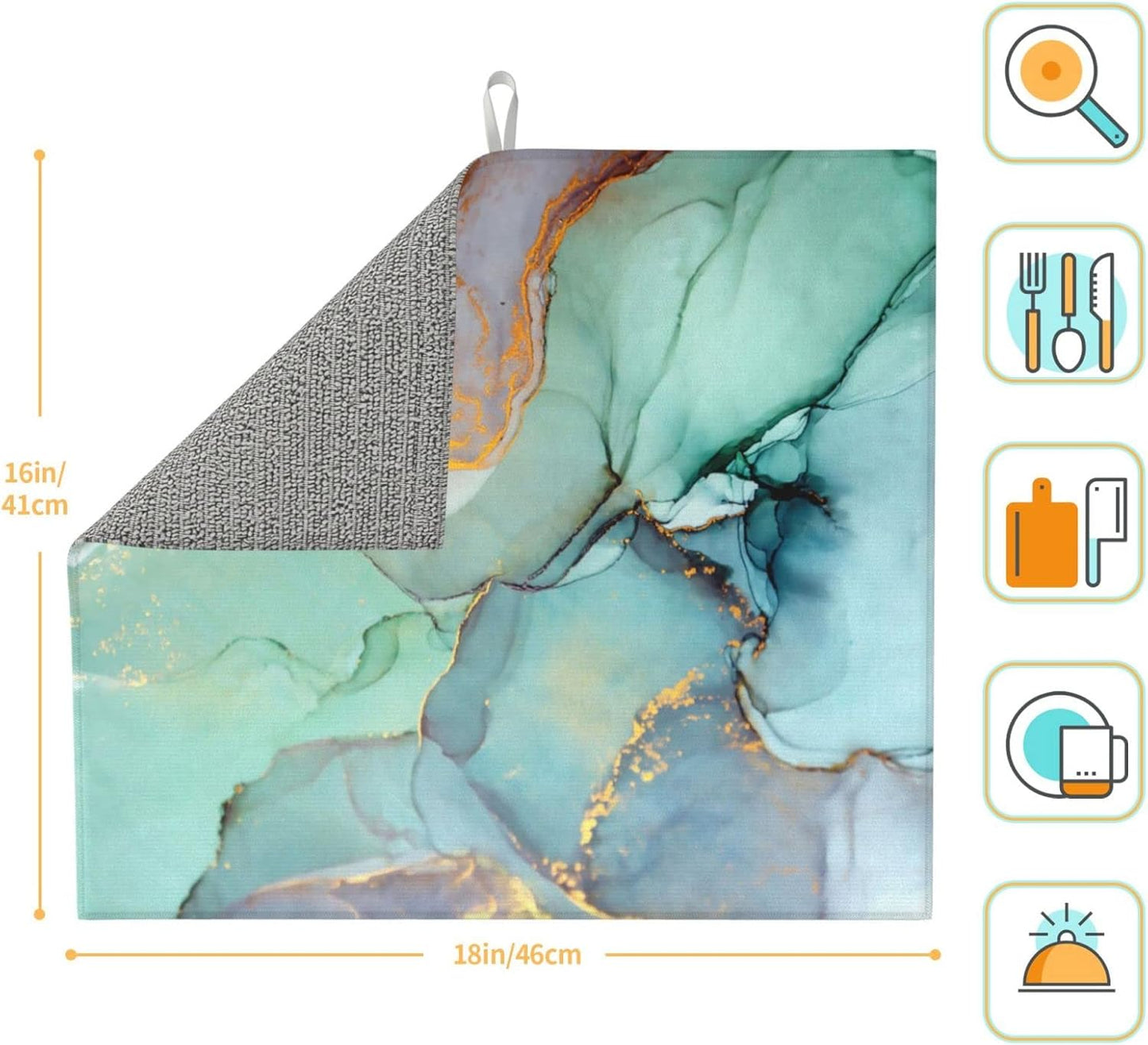 Teal Marble Golden Swirls Pattern Microfiber Dish Drying Mat For Kitchen Countertop Absorbent Reversible Drainer Rack Pad 18 X 16 Inch